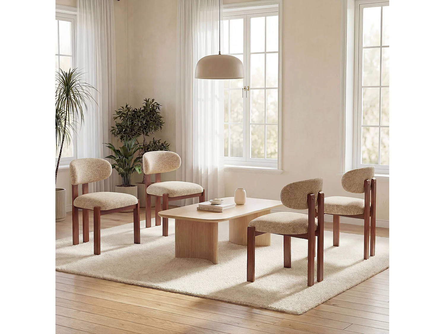 Lot de 2 chaises camel SMARTUE, revêtement en tissu chenille, assise épaisse, dossier incurvé, pieds en bois d’hévéa couleur noyer foncé