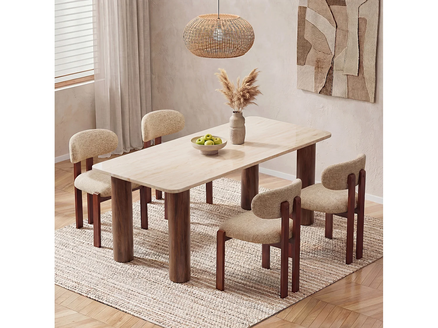 Lot de 2 chaises camel SMARTUE, revêtement en tissu chenille, assise épaisse, dossier incurvé, pieds en bois d’hévéa couleur noyer foncé