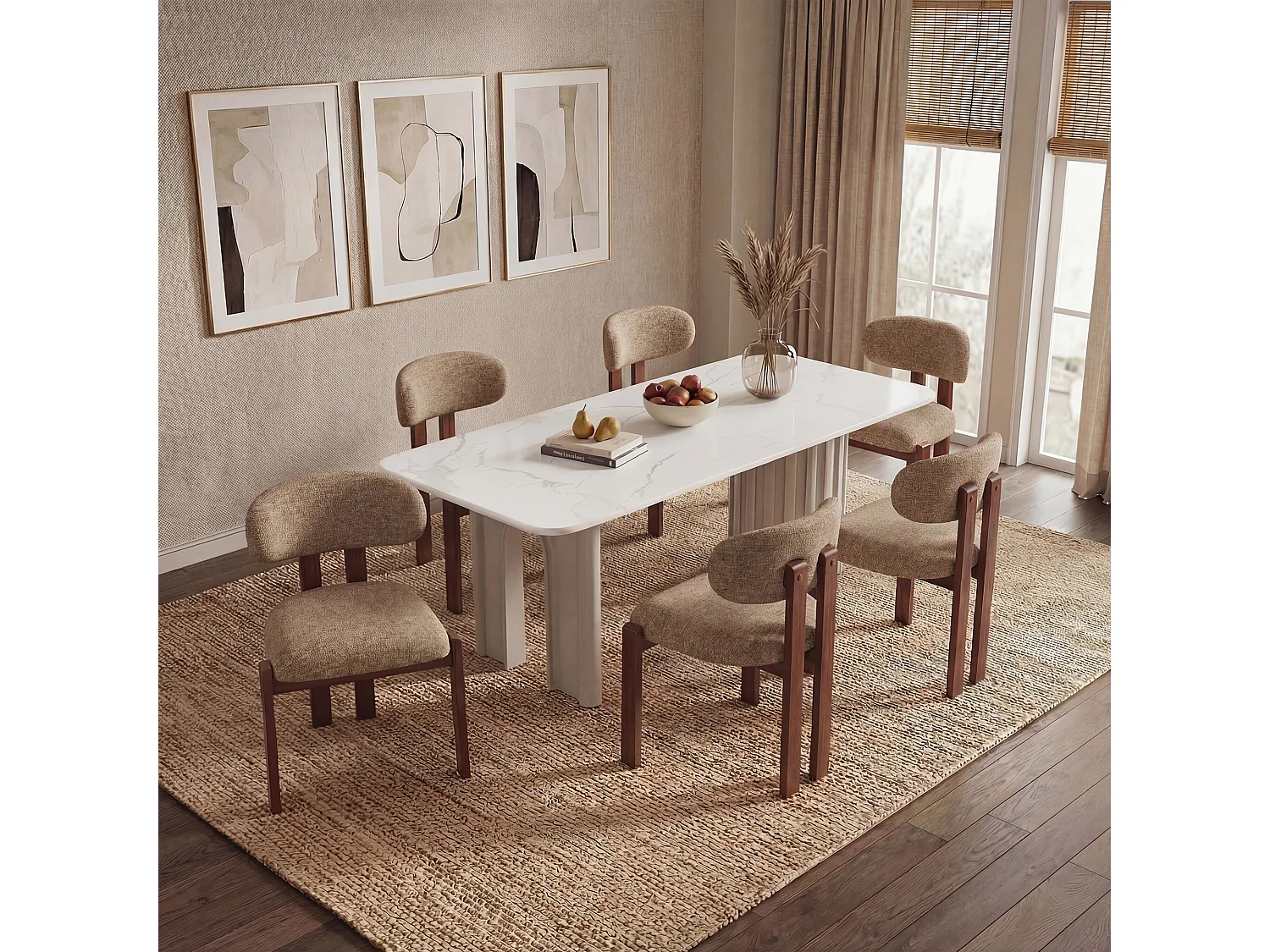 Lot de 2 chaises camel SMARTUE, revêtement en tissu chenille, assise épaisse, dossier incurvé, pieds en bois d’hévéa couleur noyer foncé