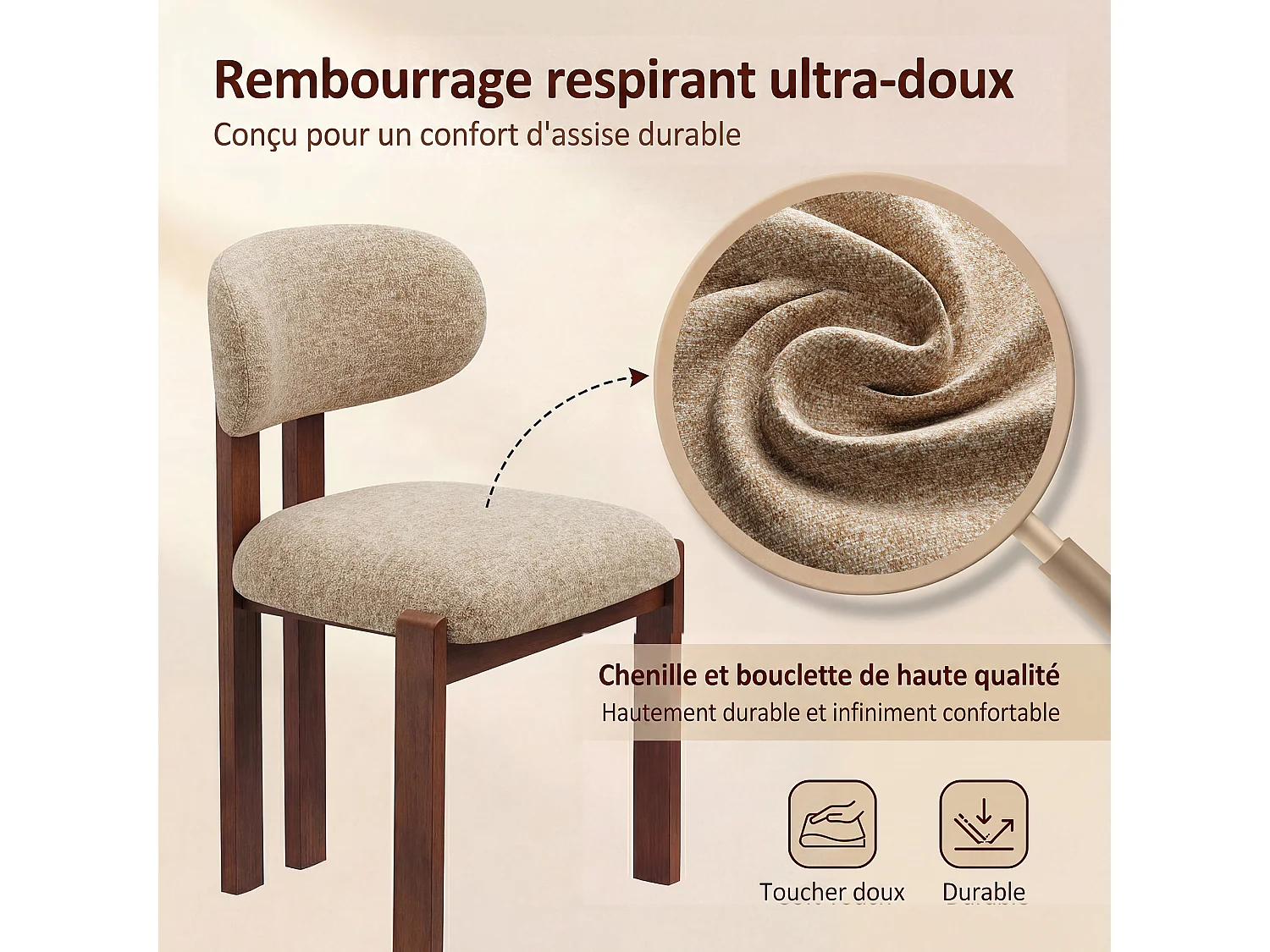 Lot de 2 chaises camel SMARTUE, revêtement en tissu chenille, assise épaisse, dossier incurvé, pieds en bois d’hévéa couleur noyer foncé