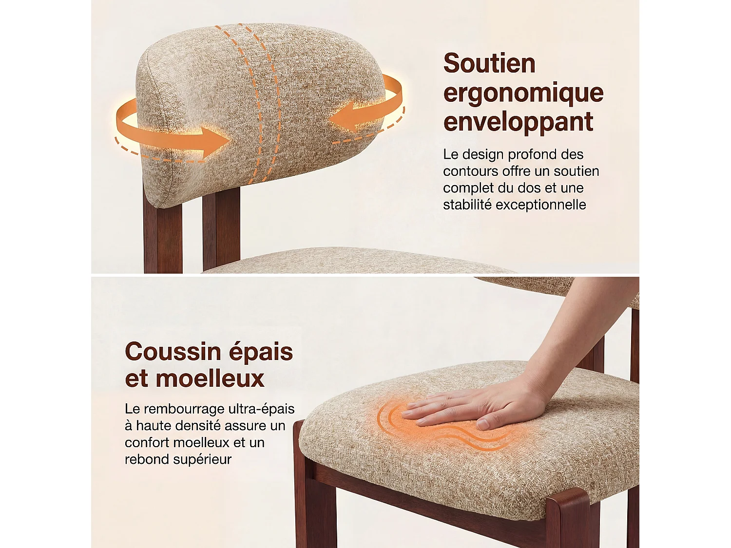 Lot de 2 chaises camel SMARTUE, revêtement en tissu chenille, assise épaisse, dossier incurvé, pieds en bois d’hévéa couleur noyer foncé