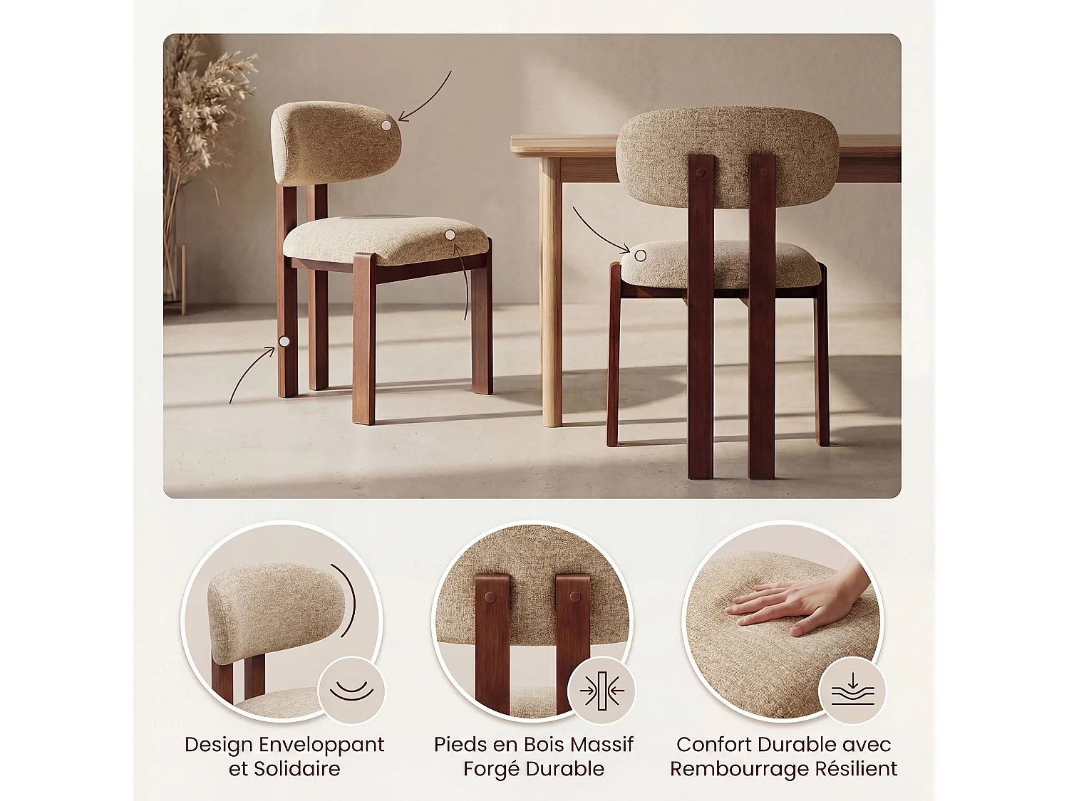 Lot de 2 chaises camel SMARTUE, revêtement en tissu chenille, assise épaisse, dossier incurvé, pieds en bois d’hévéa couleur noyer foncé