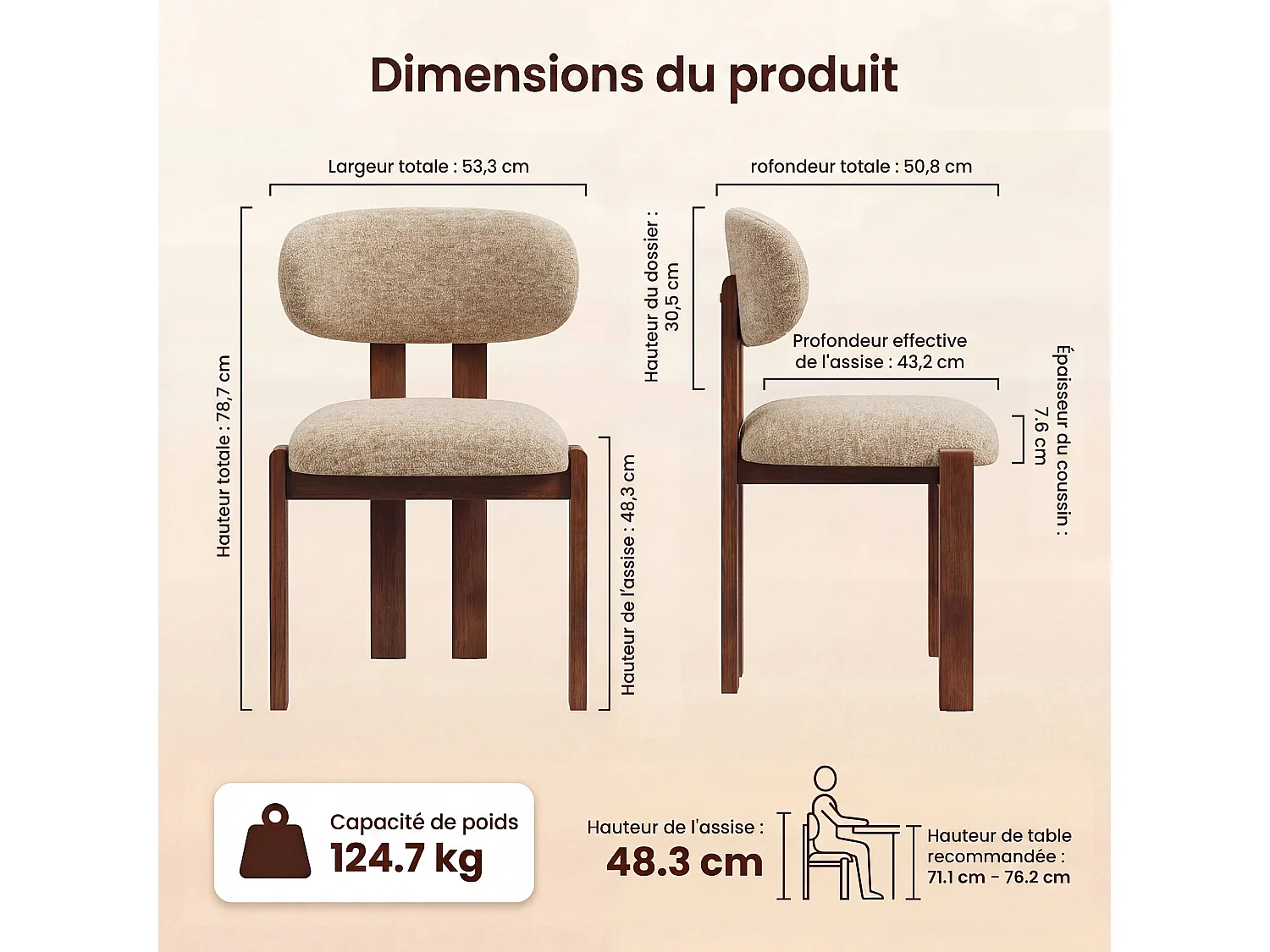Lot de 2 chaises camel SMARTUE, revêtement en tissu chenille, assise épaisse, dossier incurvé, pieds en bois d’hévéa couleur noyer foncé