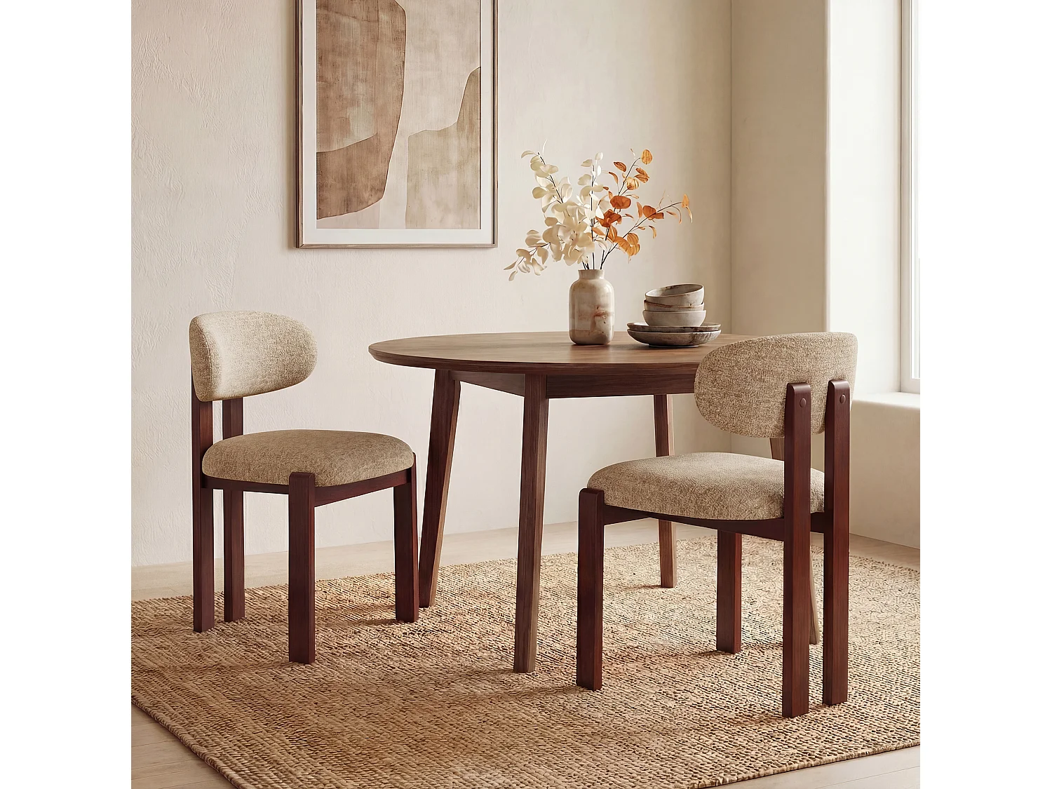 2er-Set Stühle Camel SMARTUE, Chenille-Stoffbezug, dicke Sitzfläche, gebogene Rückenlehne, Beine aus Gummibaumholz in dunkler Walnussfarbe