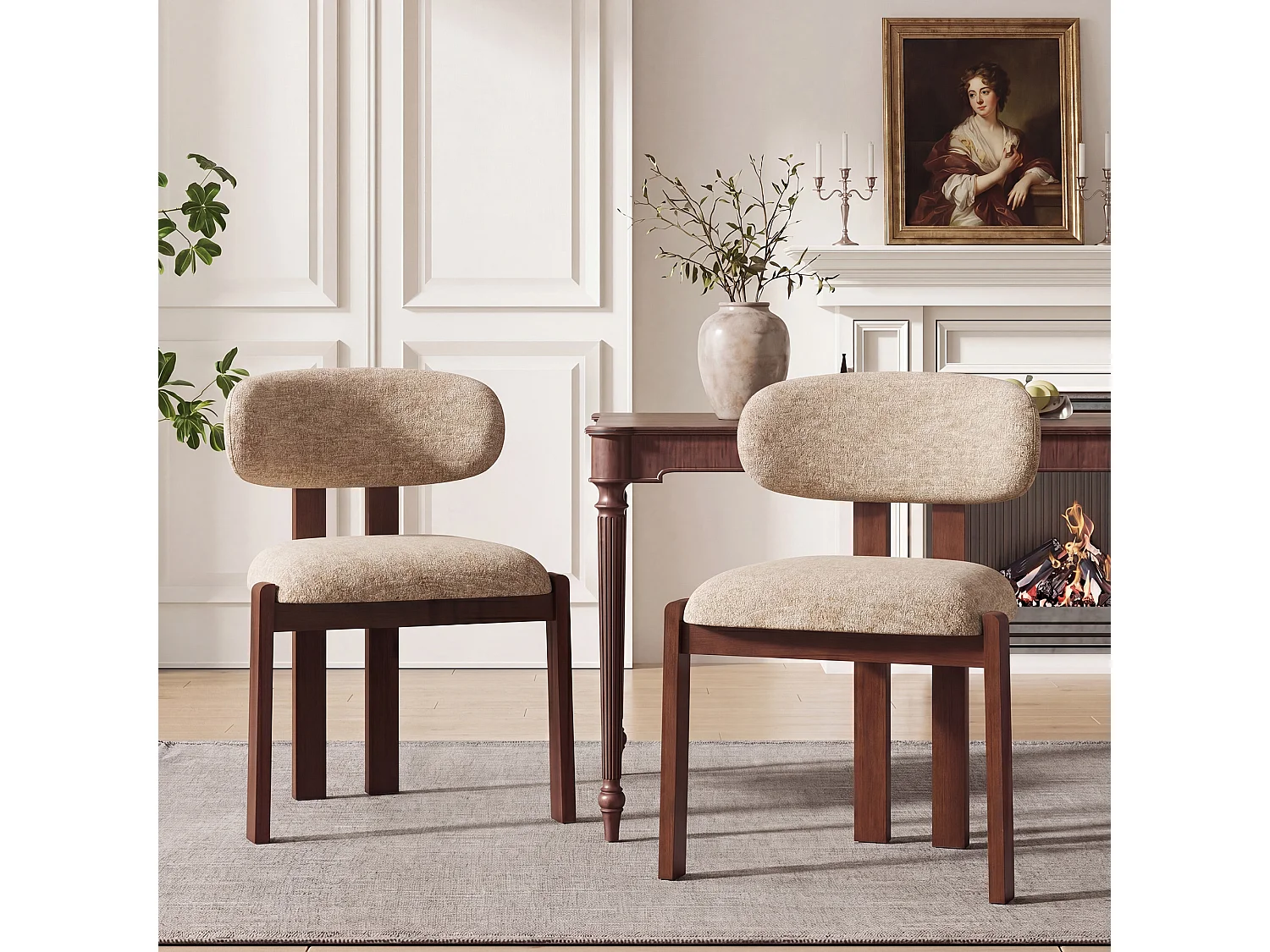 2er-Set Stühle Camel SMARTUE, Chenille-Stoffbezug, dicke Sitzfläche, gebogene Rückenlehne, Beine aus Gummibaumholz in dunkler Walnussfarbe