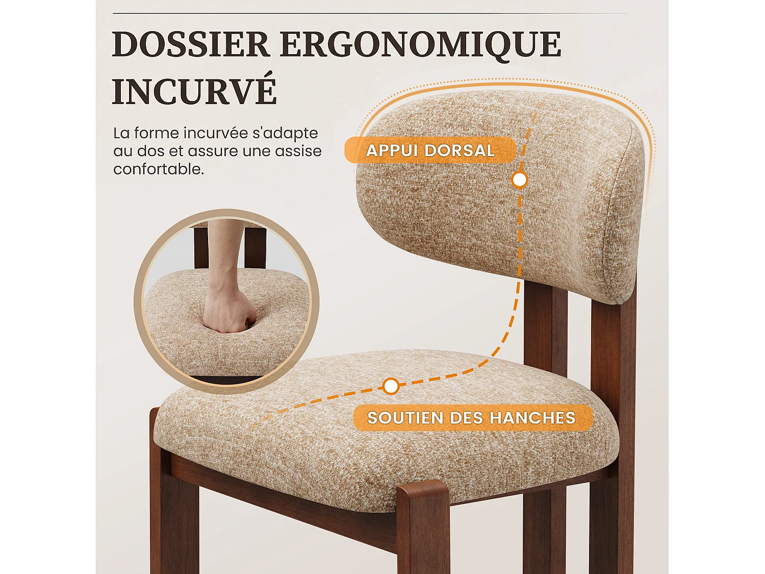 Set van 2 camelkleurige stoelen SMARTUE, bekleding van chenille stof, dikke zitting, gebogen rugleuning, poten van heveahout in donker walnootkleur