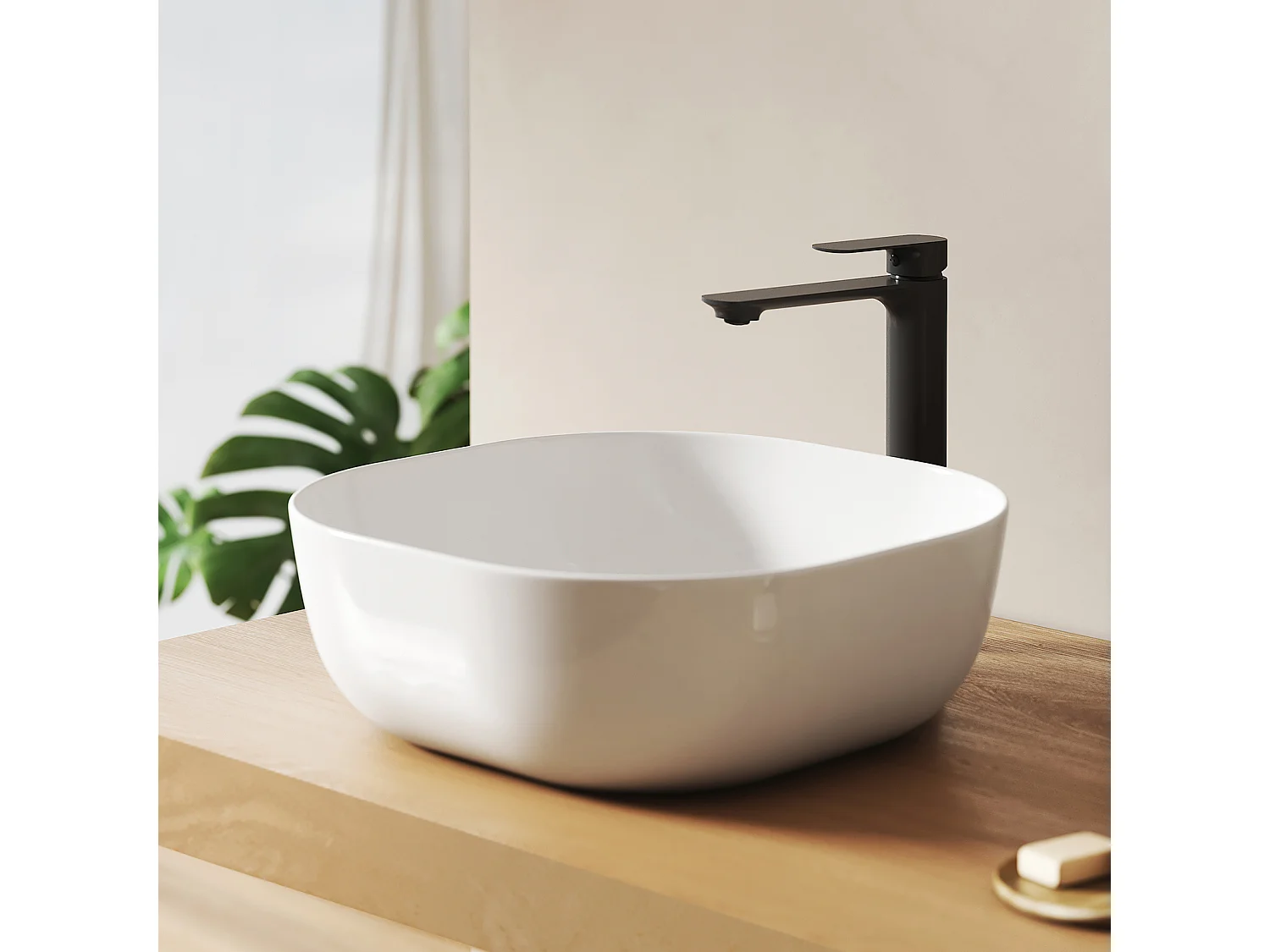 EMKE witte keramische wastafel 415 x 415 x 145 mm, vierkante wastafel voor op het aanrecht zonder kraangat