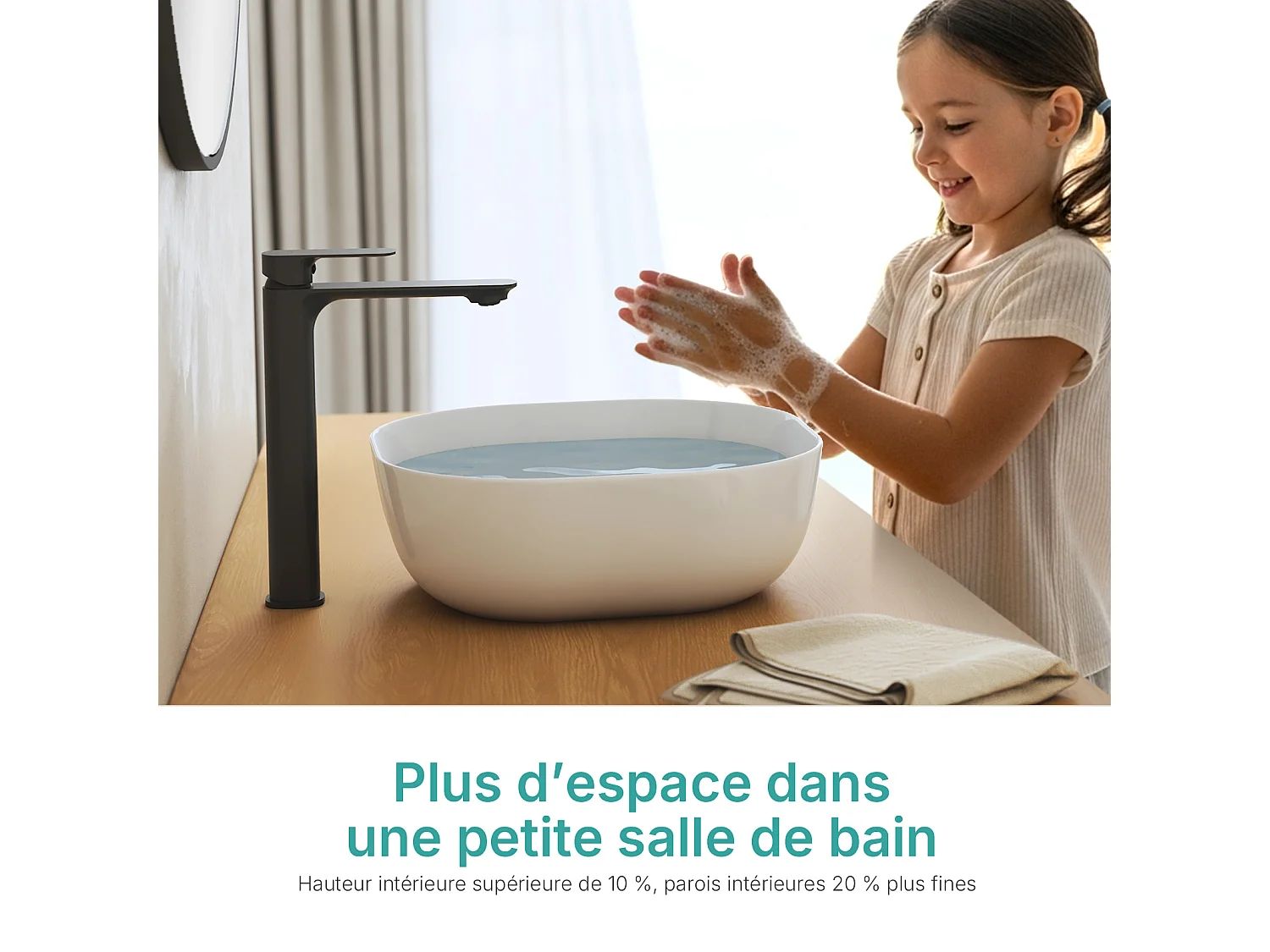 EMKE witte keramische wastafel 415 x 415 x 145 mm, vierkante wastafel voor op het aanrecht zonder kraangat