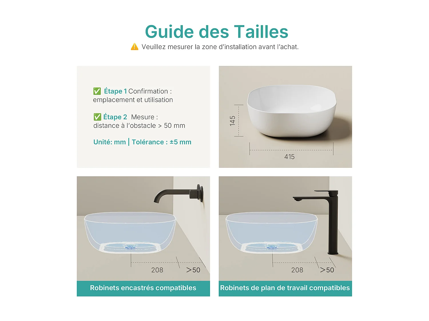 EMKE witte keramische wastafel 415 x 415 x 145 mm, vierkante wastafel voor op het aanrecht zonder kraangat
