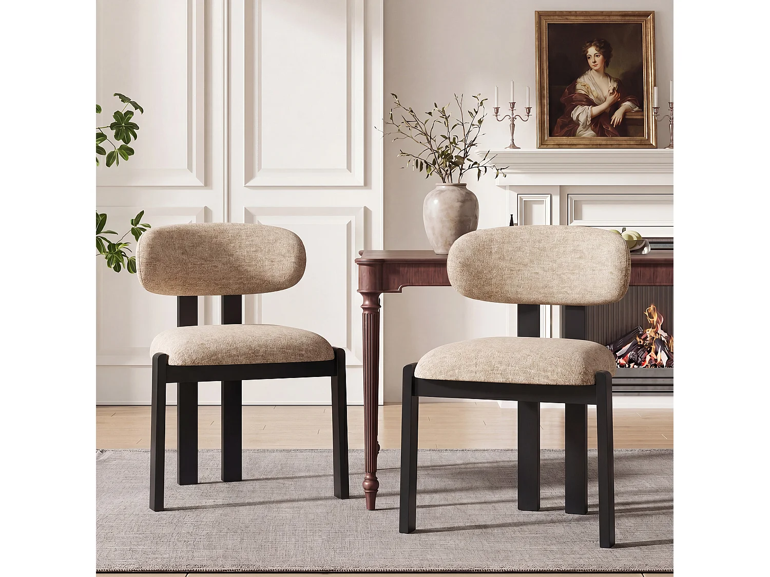 Lot de 2 chaises camel SMARTUE, revêtement en tissu chenille, assise épaisse, dossier incurvé, pieds noirs en bois d’hévéa