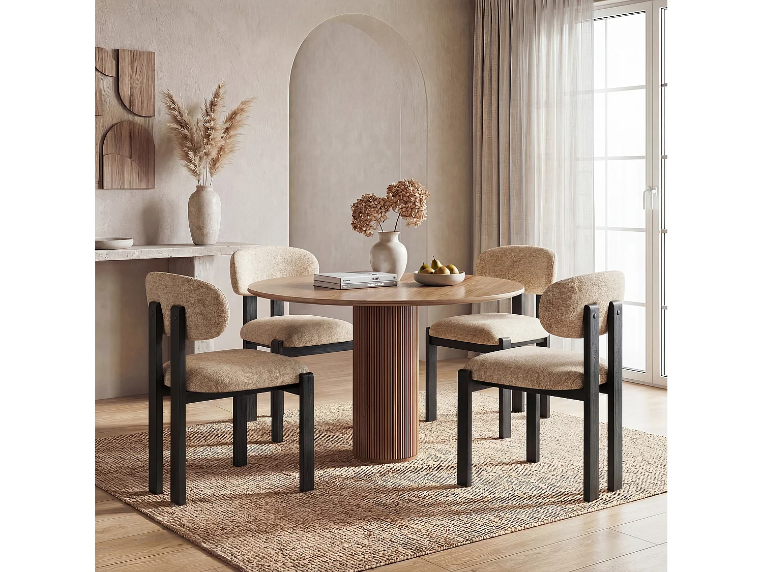 Lot de 2 chaises camel SMARTUE, revêtement en tissu chenille, assise épaisse, dossier incurvé, pieds noirs en bois d’hévéa