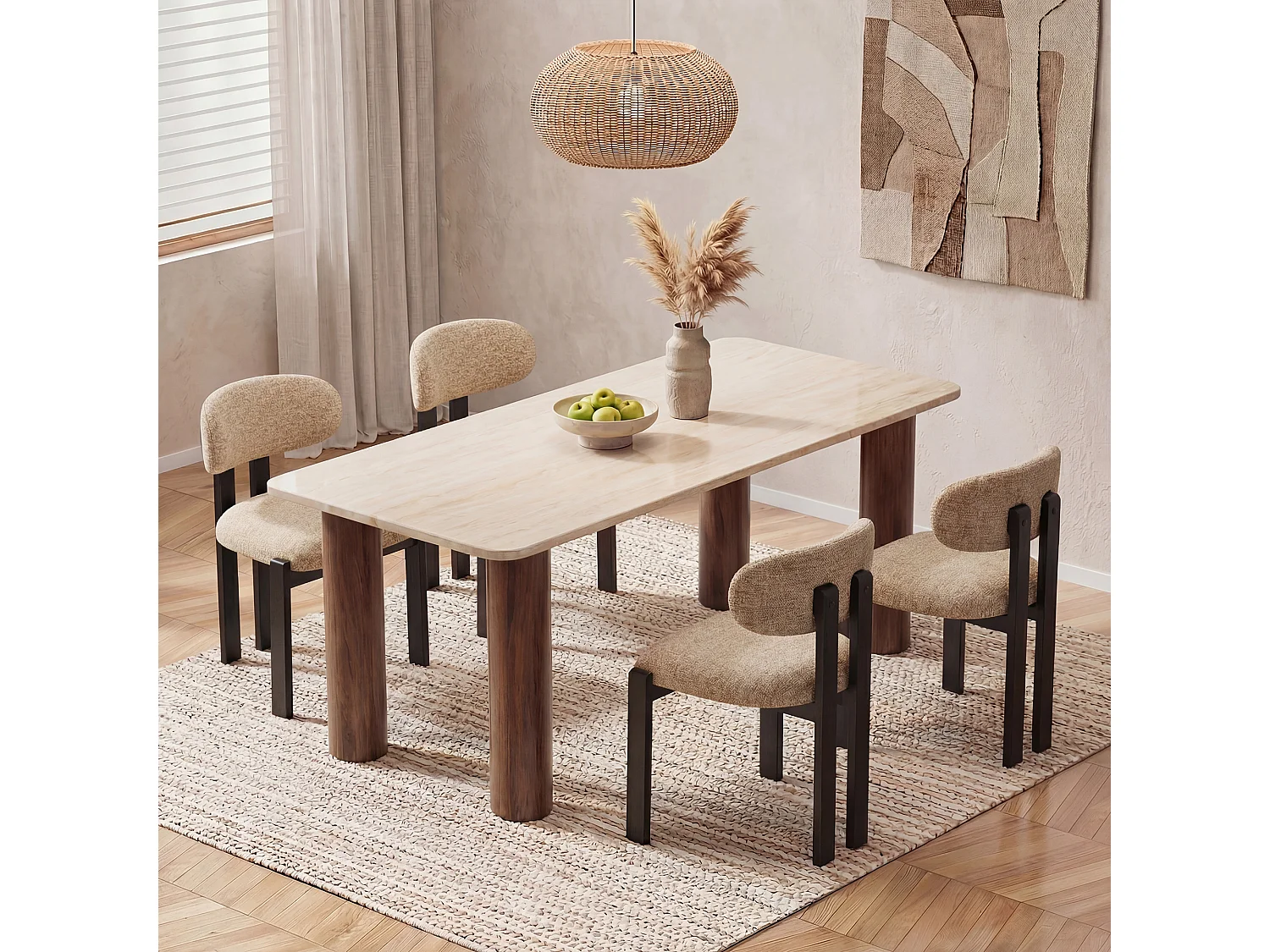 Lot de 2 chaises camel SMARTUE, revêtement en tissu chenille, assise épaisse, dossier incurvé, pieds noirs en bois d’hévéa