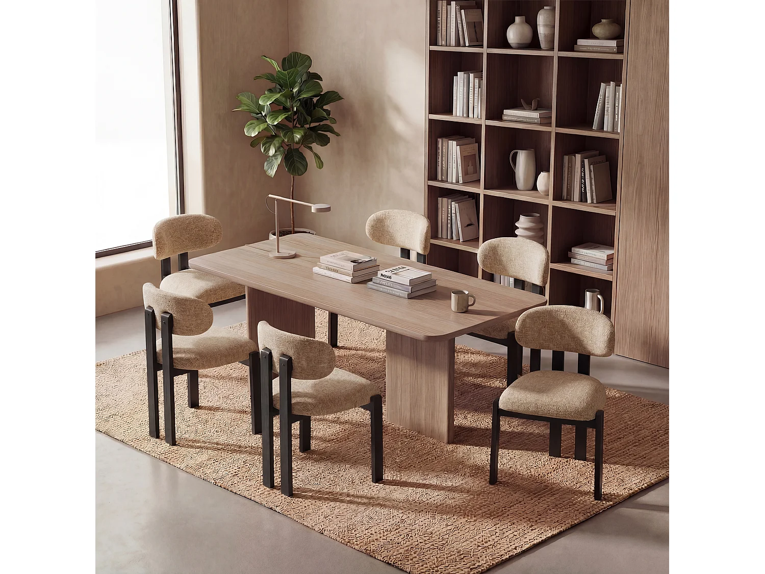 Lot de 2 chaises camel SMARTUE, revêtement en tissu chenille, assise épaisse, dossier incurvé, pieds noirs en bois d’hévéa