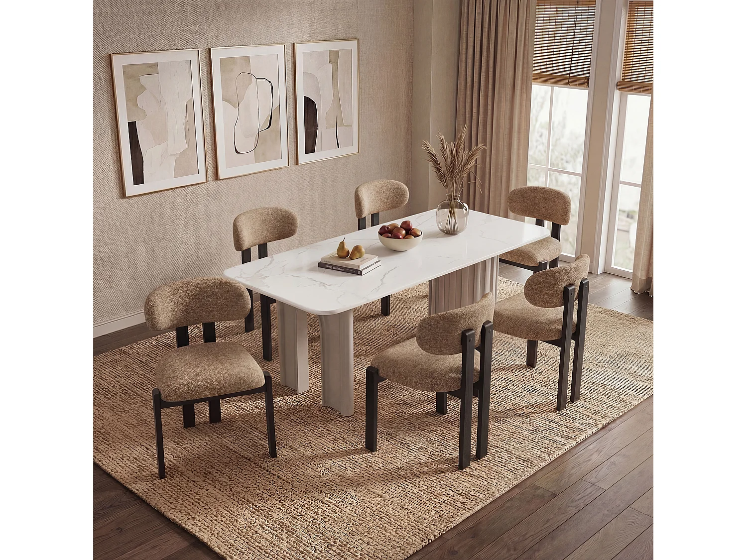 Lot de 2 chaises camel SMARTUE, revêtement en tissu chenille, assise épaisse, dossier incurvé, pieds noirs en bois d’hévéa