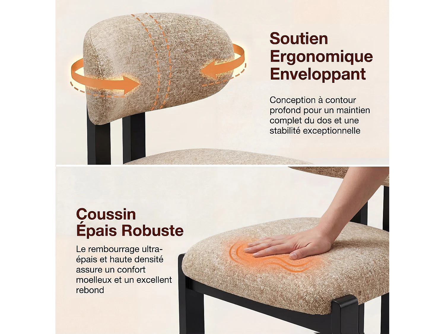 Lot de 2 chaises camel SMARTUE, revêtement en tissu chenille, assise épaisse, dossier incurvé, pieds noirs en bois d’hévéa