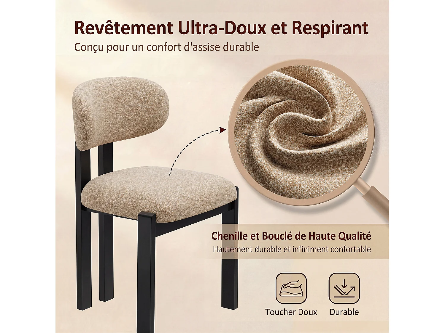 Lot de 2 chaises camel SMARTUE, revêtement en tissu chenille, assise épaisse, dossier incurvé, pieds noirs en bois d’hévéa