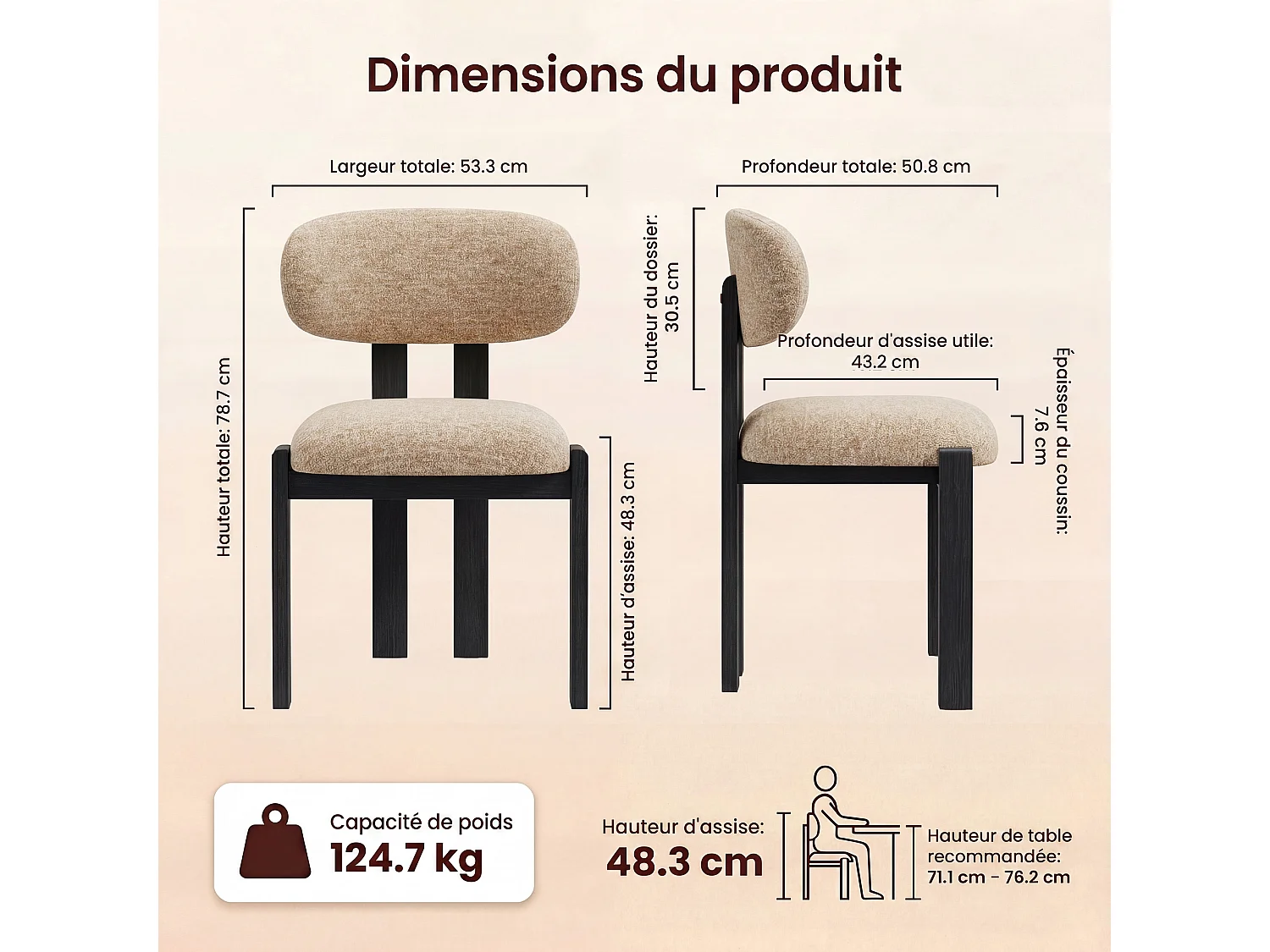 Lot de 2 chaises camel SMARTUE, revêtement en tissu chenille, assise épaisse, dossier incurvé, pieds noirs en bois d’hévéa