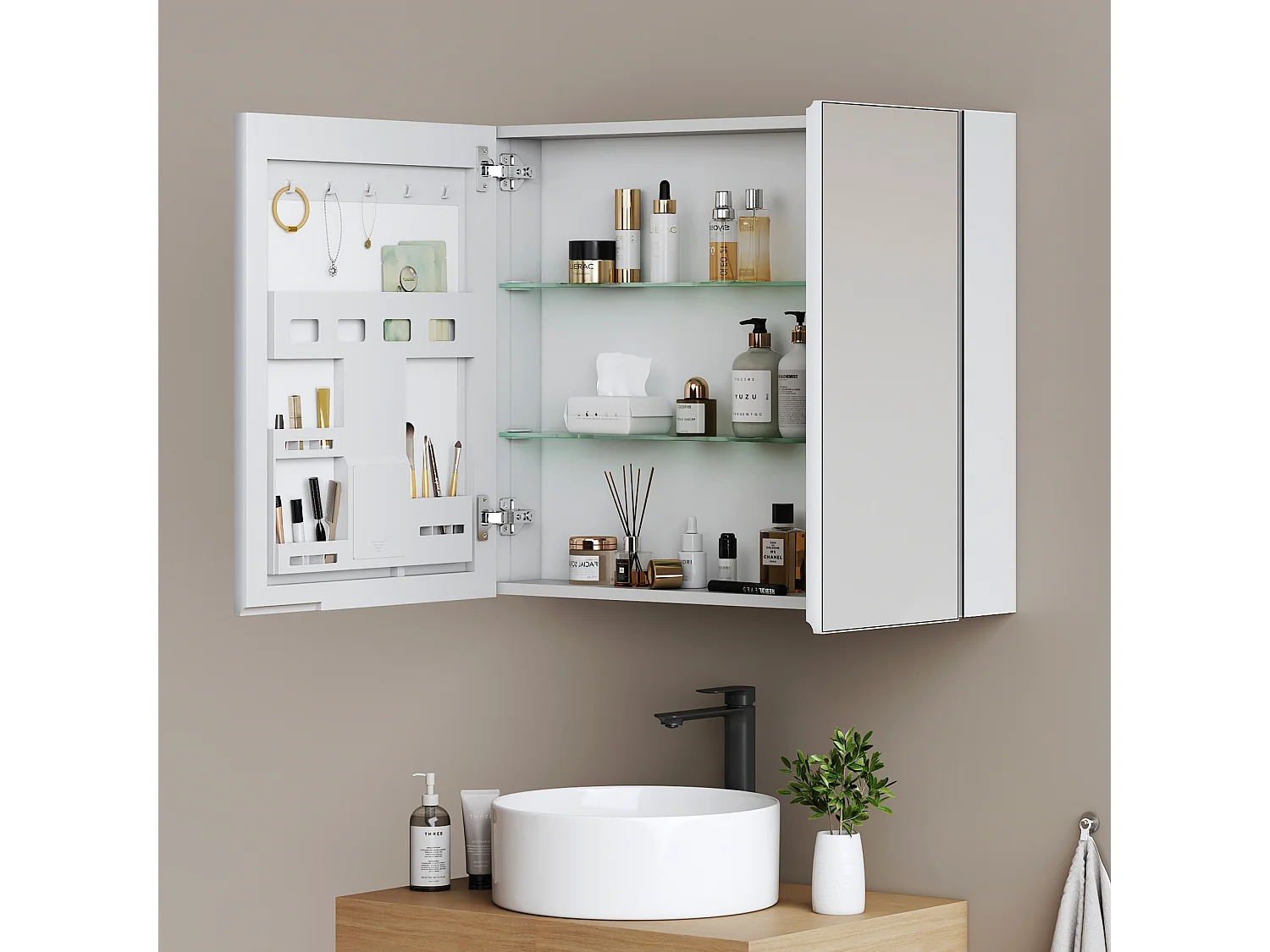 EMKE Spiegelschrank Bad hängend 2 Türen mit Spiegel höhenverstellbare Glasablagen weiß 65 x 80 x 14,5 cm