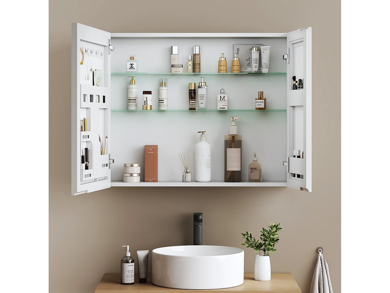 EMKE Spiegelschrank Bad hängend 2 Türen mit Spiegel höhenverstellbare Glasablagen weiß 65 x 80 x 14,5 cm