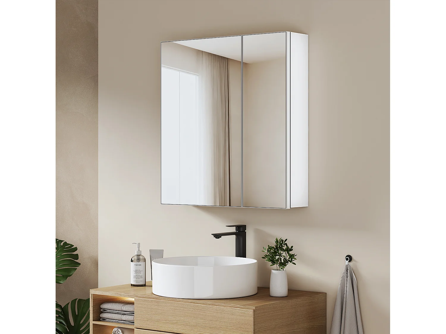 EMKE Spiegelschrank Bad hängend 2 Türen mit Spiegel höhenverstellbare Glasablagen weiß 65 x 60 x 14,5 cm