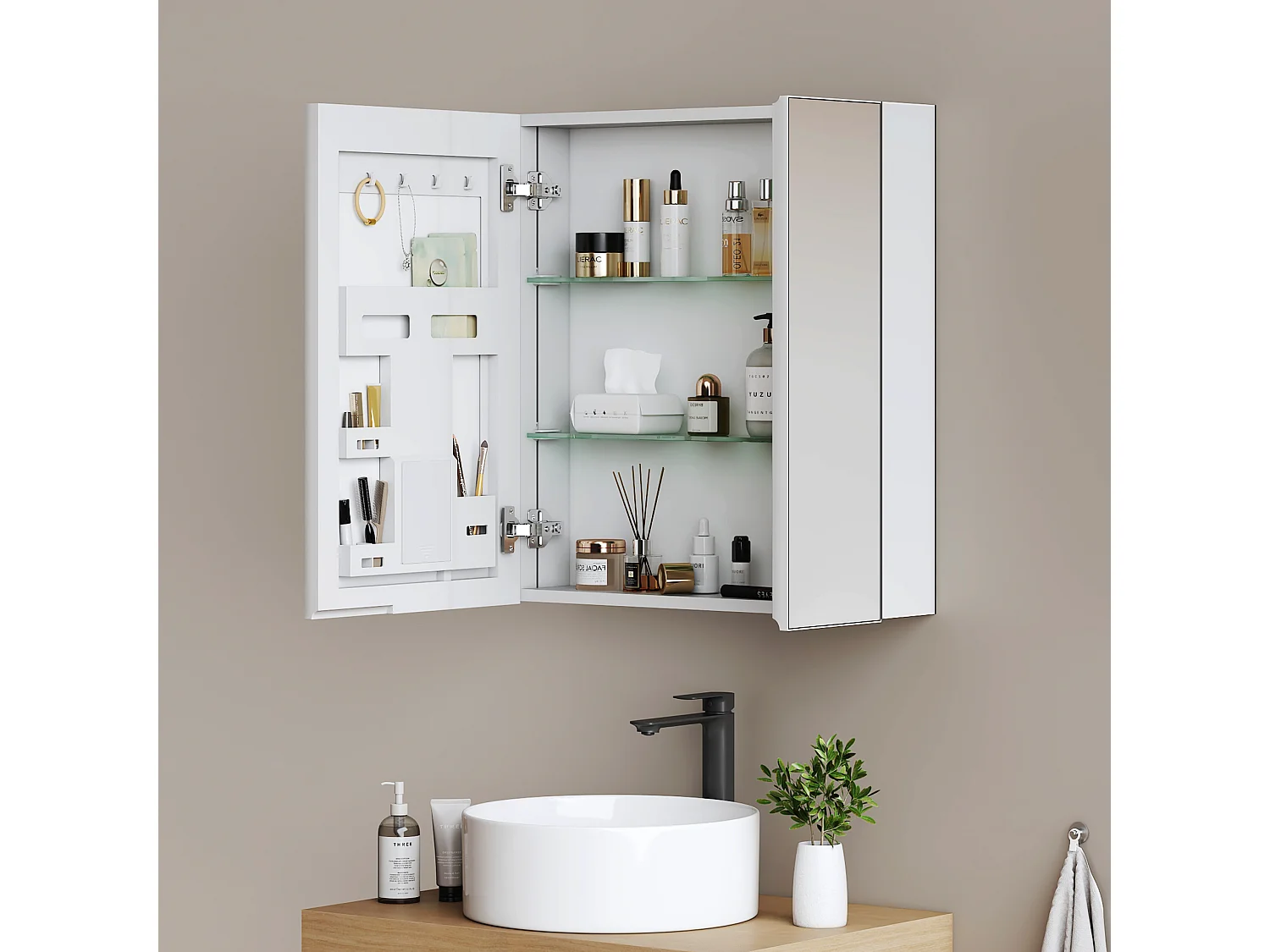 EMKE Spiegelschrank Bad hängend 2 Türen mit Spiegel höhenverstellbare Glasablagen weiß 65 x 60 x 14,5 cm