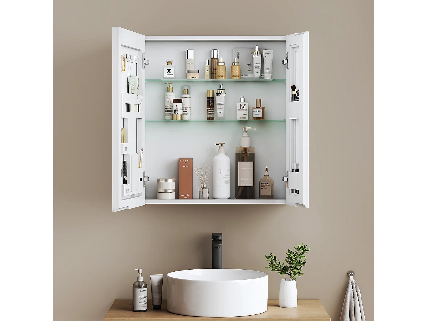 EMKE Spiegelschrank Bad hängend 2 Türen mit Spiegel höhenverstellbare Glasablagen weiß 65 x 60 x 14,5 cm