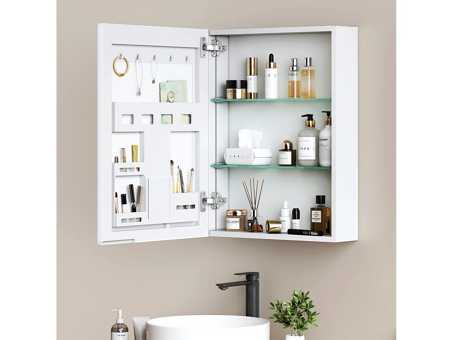 EMKE Spiegelschrank Bad hängend 1 Tür mit Spiegel höhenverstellbare Glasablagen weiß 65 x 50 x 14,5 cm