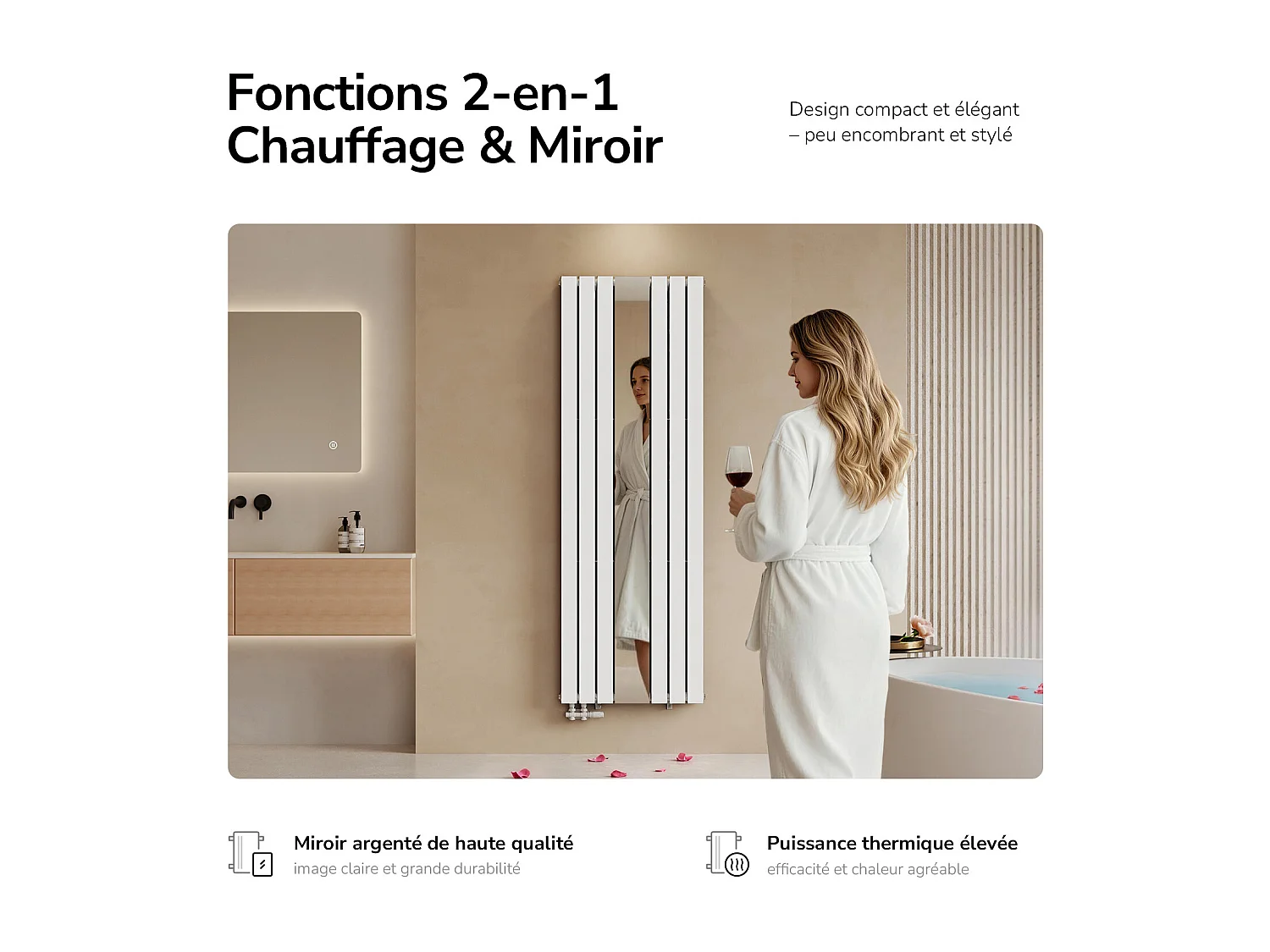 EMKE Radiateur Miroir Vertical Design Blanc pour Chauffage Central - 1800x608mm - 1788W - Double Panneau