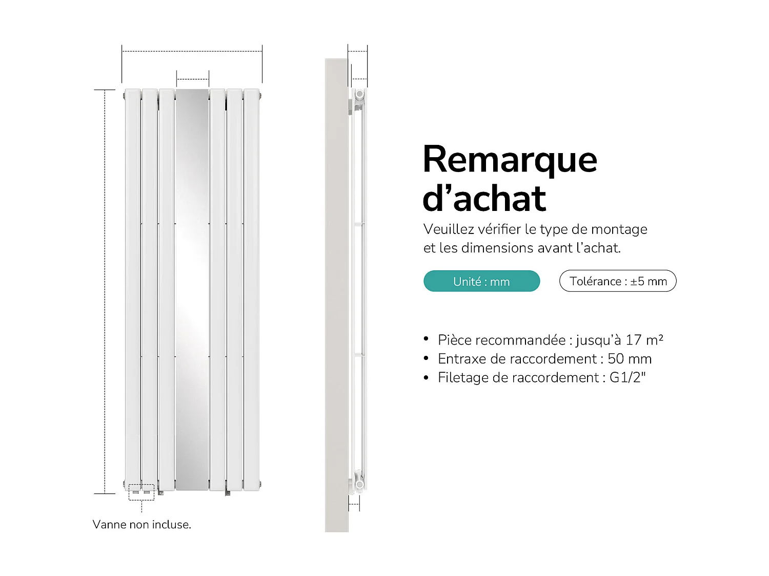 EMKE Radiateur Miroir Vertical Design Blanc pour Chauffage Central - 1800x608mm - 1788W - Double Panneau