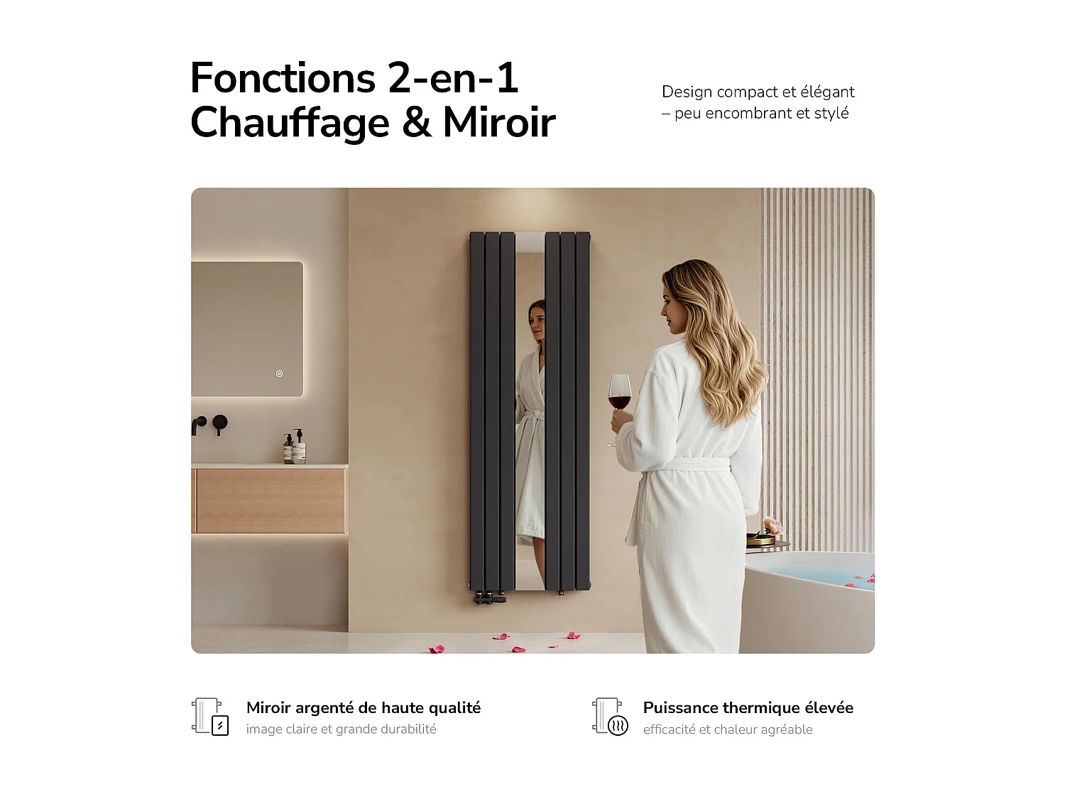 EMKE Radiateur Miroir Vertical Design Anthracite pour Chauffage Central - 1800x608mm - 1788W - Double Panneau