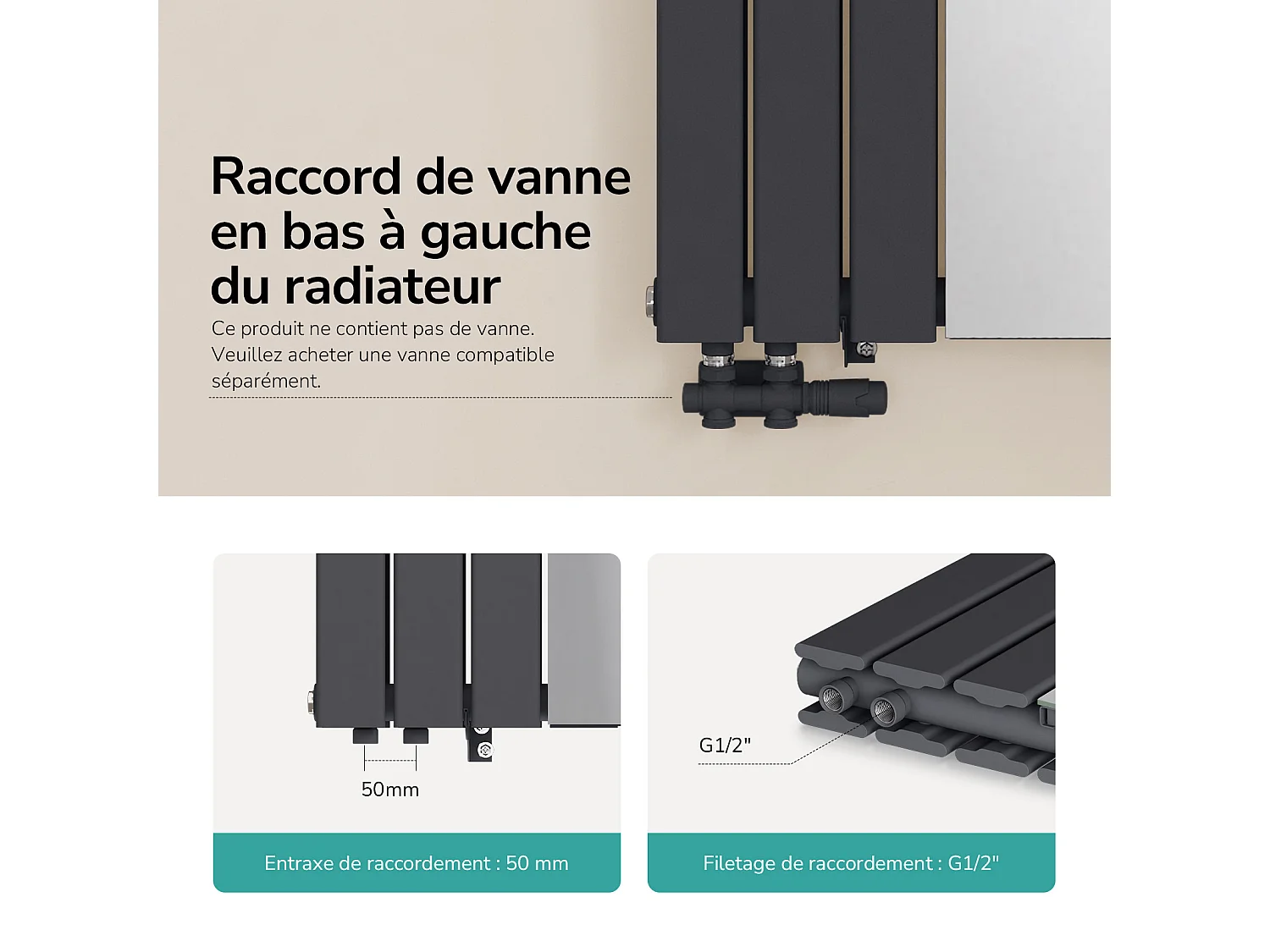 EMKE Radiateur Miroir Vertical Design Anthracite pour Chauffage Central - 1800x608mm - 1788W - Double Panneau