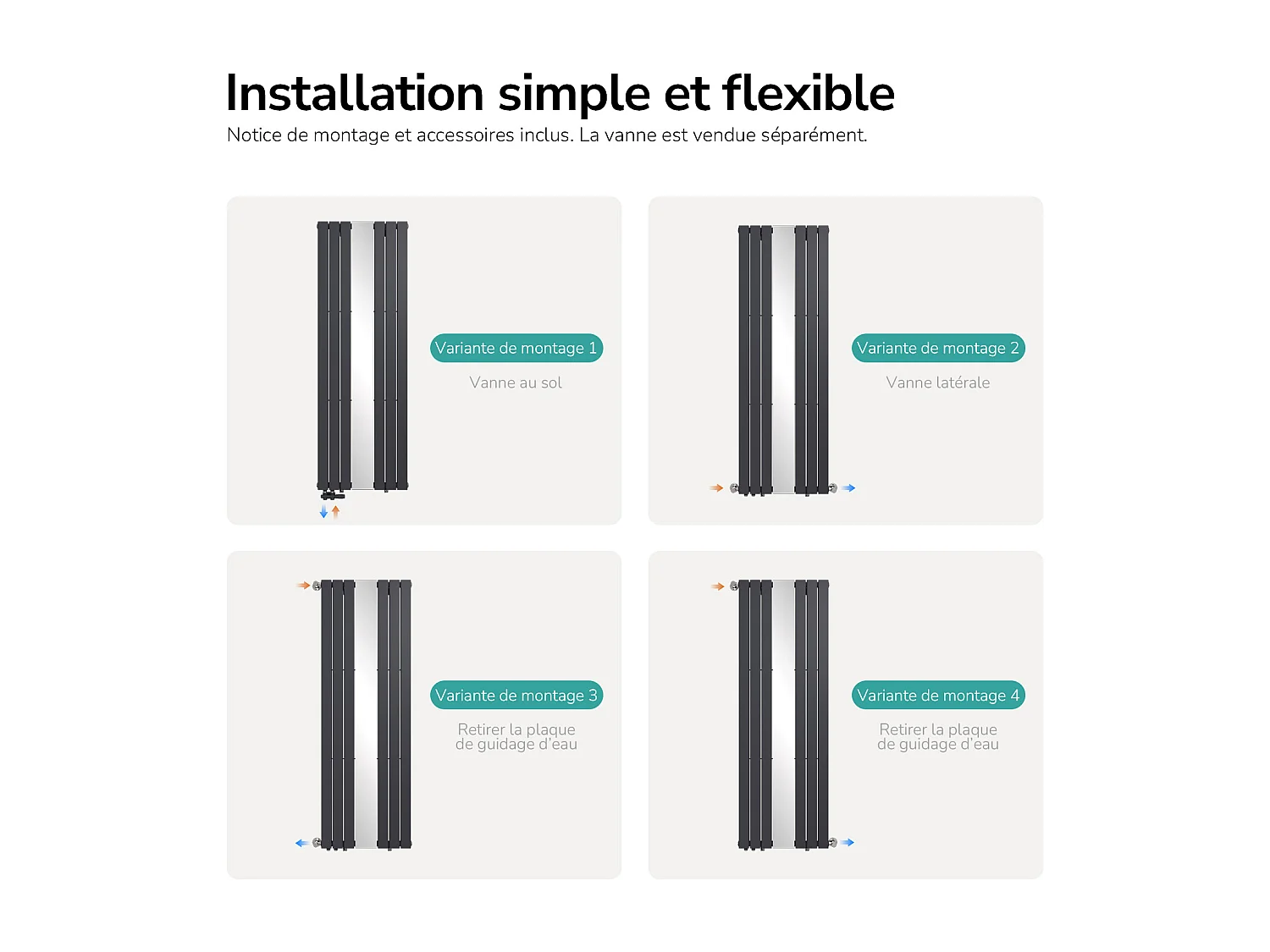 EMKE Radiateur Miroir Vertical Design Anthracite pour Chauffage Central - 1800x608mm - 1788W - Double Panneau