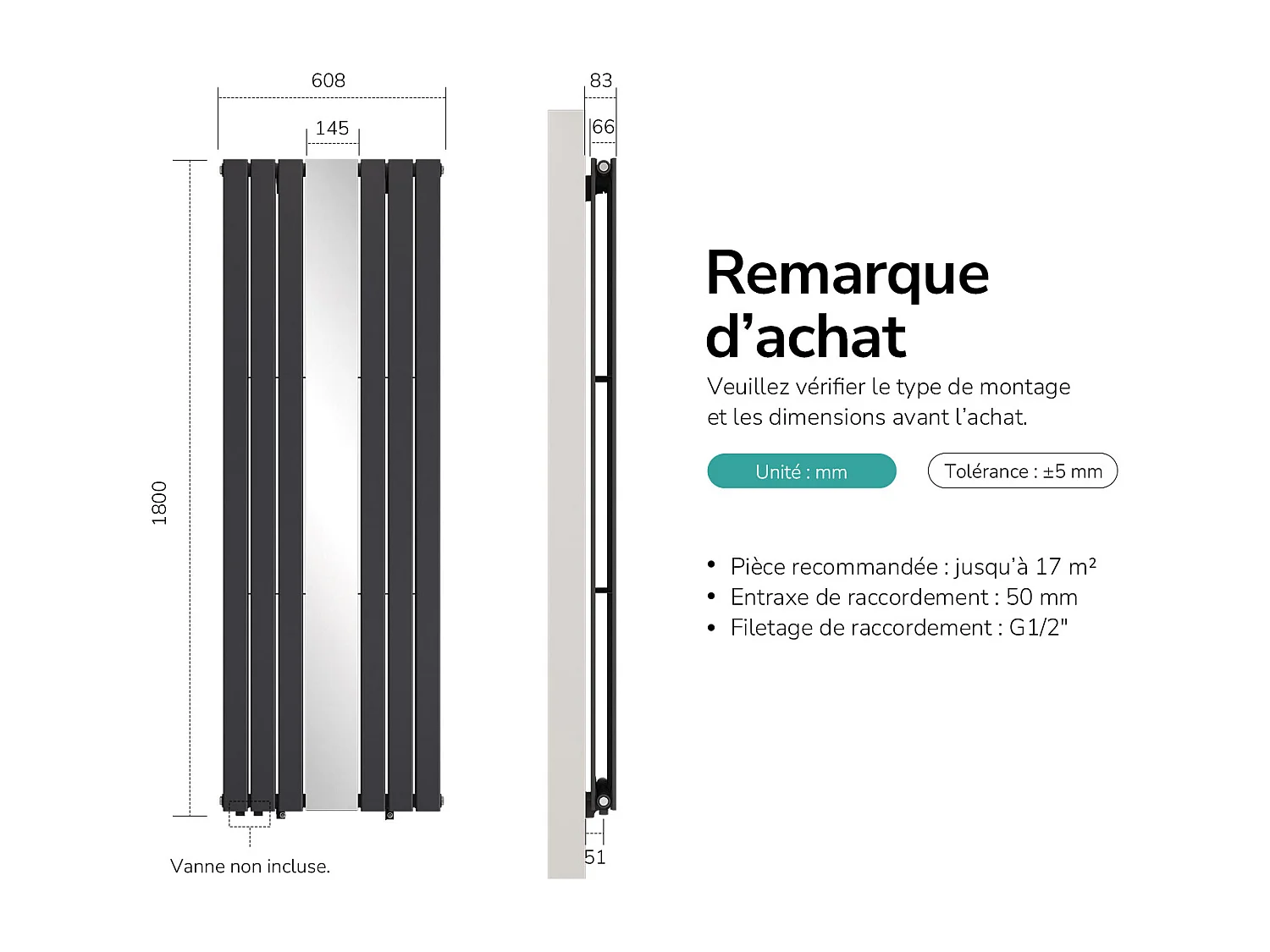 EMKE Radiateur Miroir Vertical Design Anthracite pour Chauffage Central - 1800x608mm - 1788W - Double Panneau