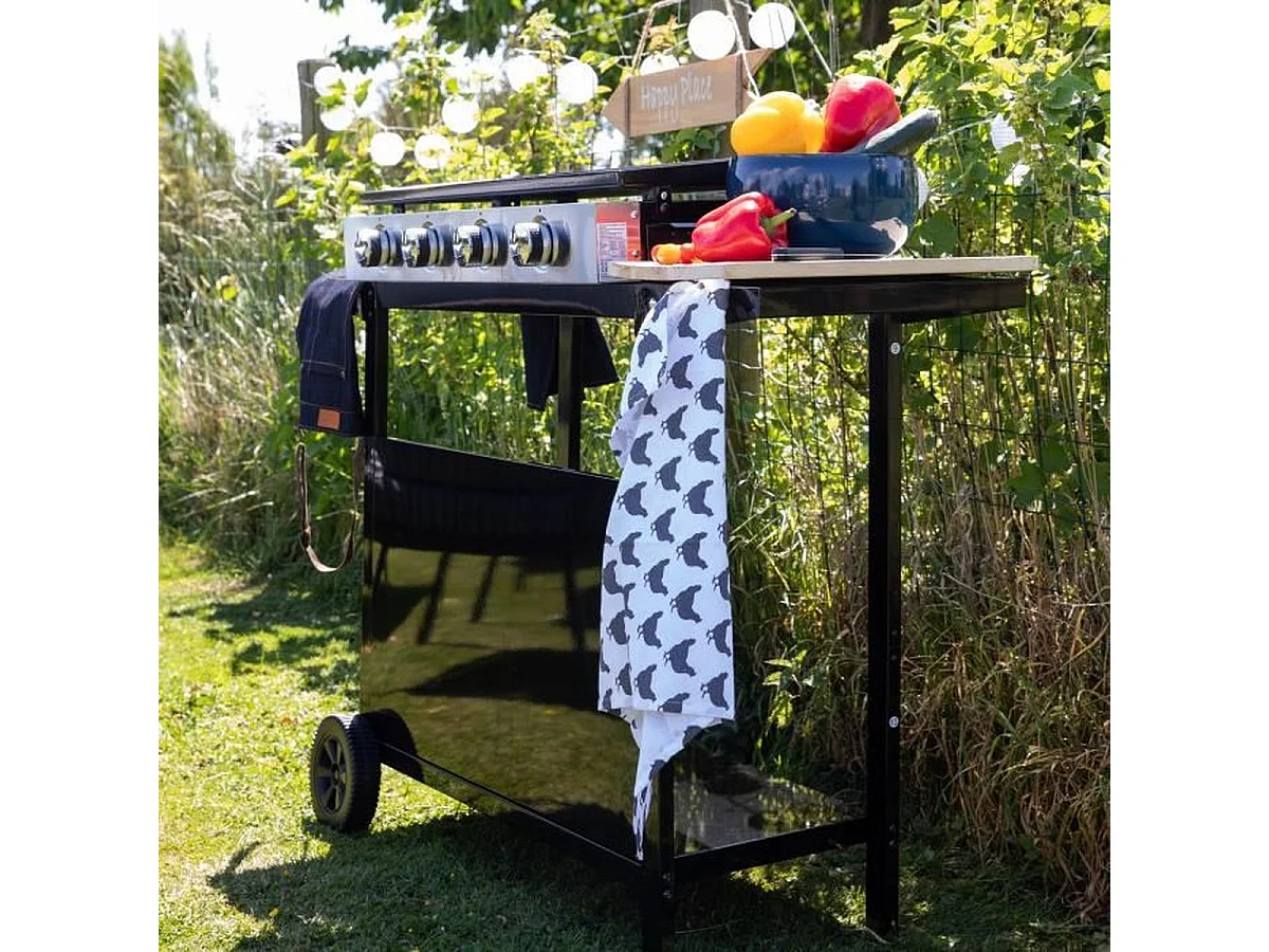 Gasgrill MERIDA 4 Brenner emaillierter Stahl 75x35 cm auf schwarz lackiertem Wagen mit Stauraum