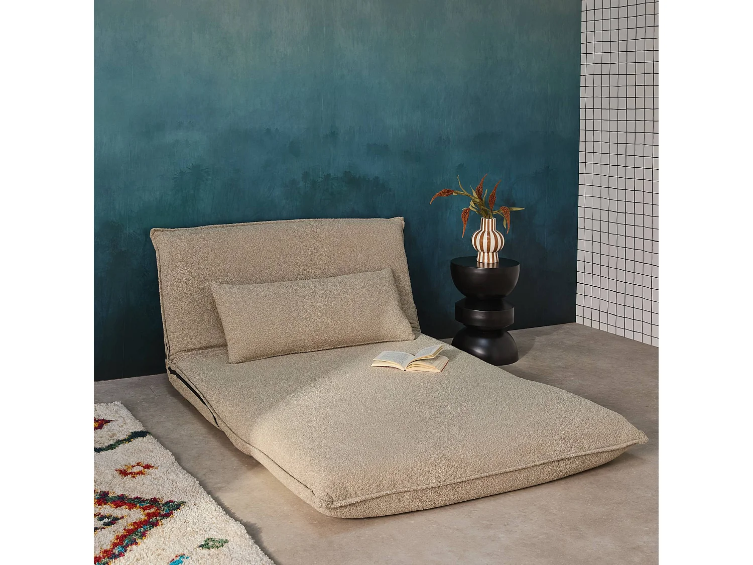 Chauffeuse convertible 2 places en bouclette texturée beige L 120 x P 80 x  H 66 cm - Fleeep