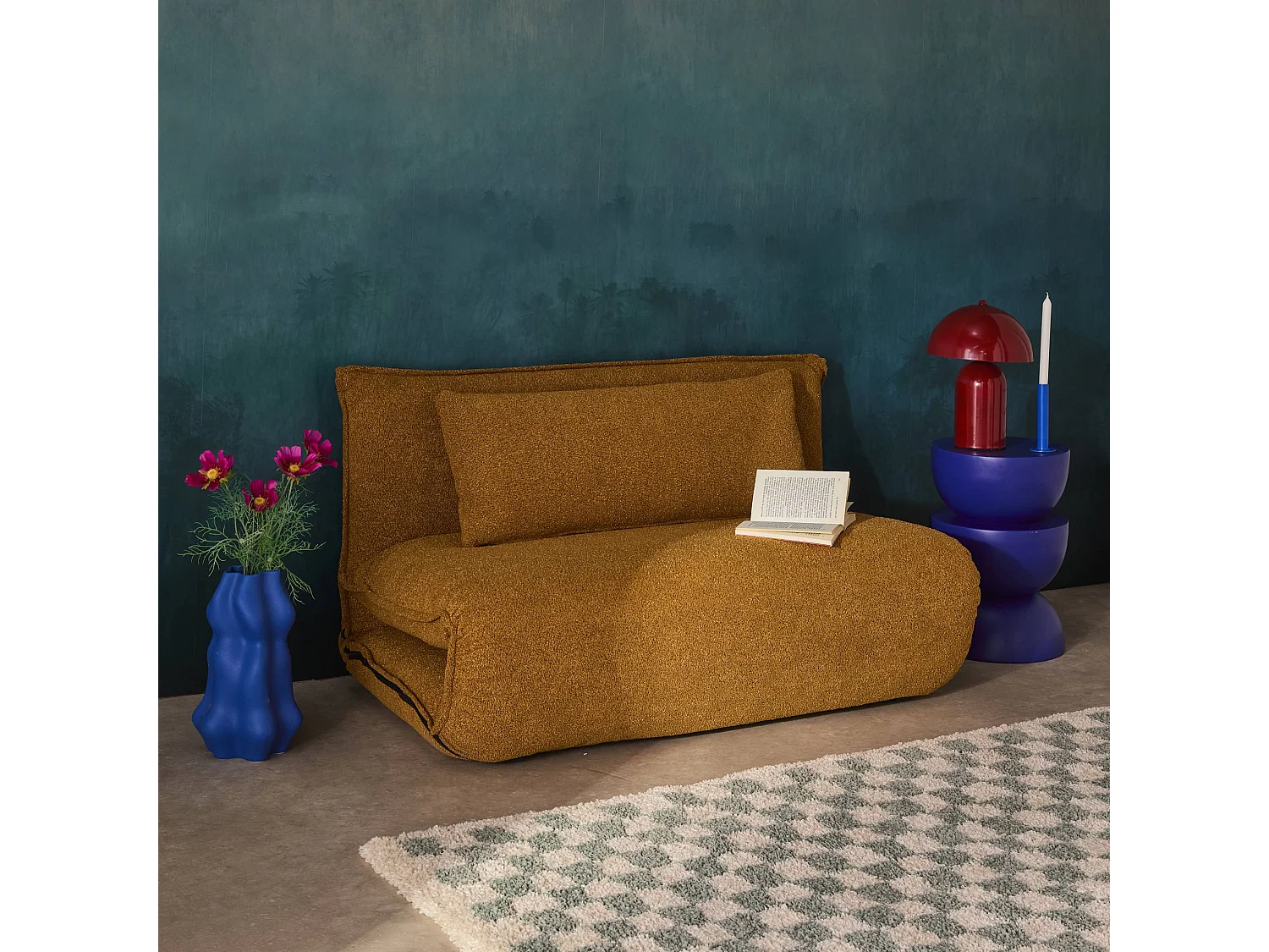 Chauffeuse convertible 2 places en bouclette texturée moutarde L 120 x P 80 x  H 66 cm - Fleeep