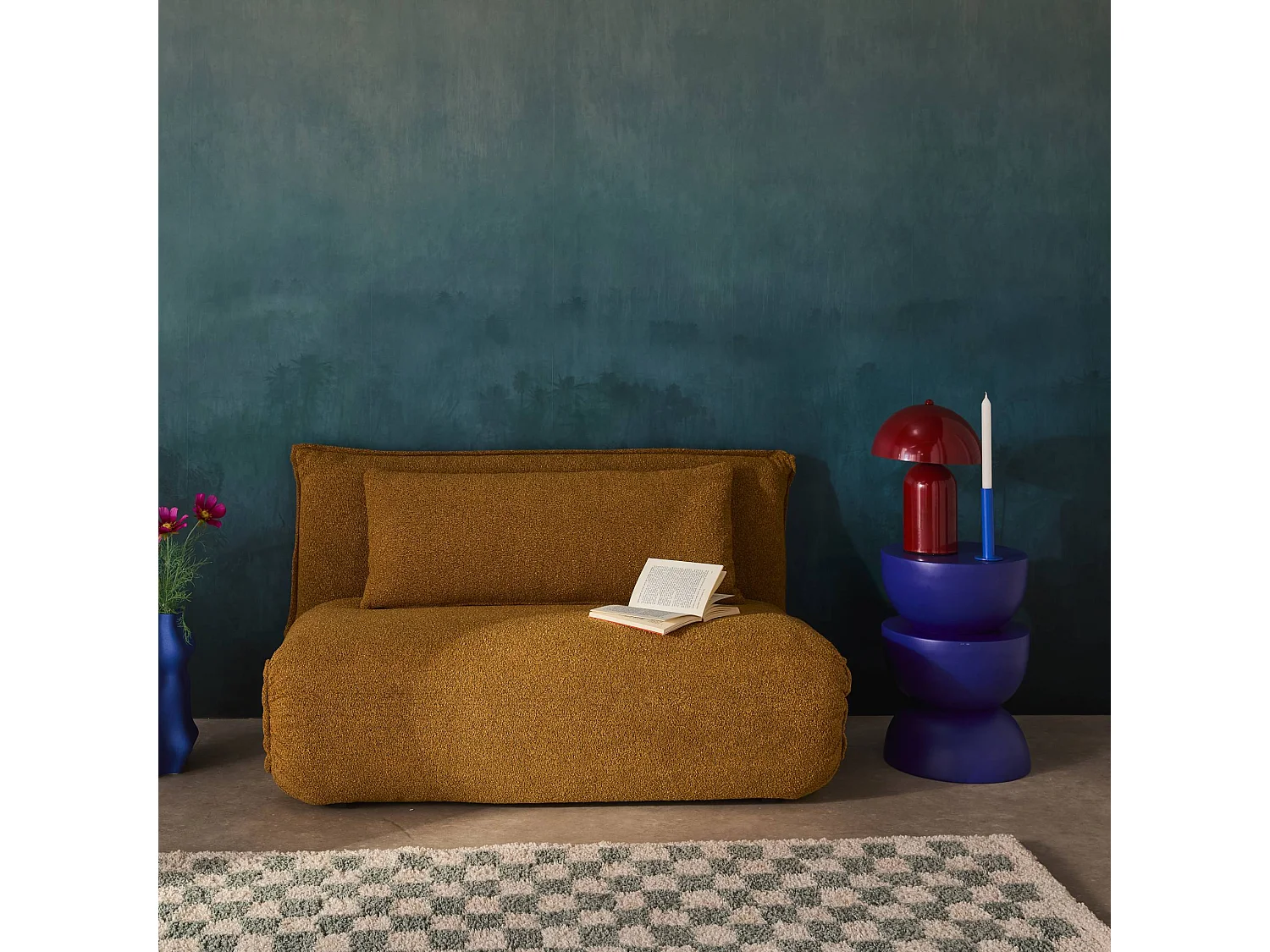 Chauffeuse convertible 2 places en bouclette texturée moutarde L 120 x P 80 x  H 66 cm - Fleeep