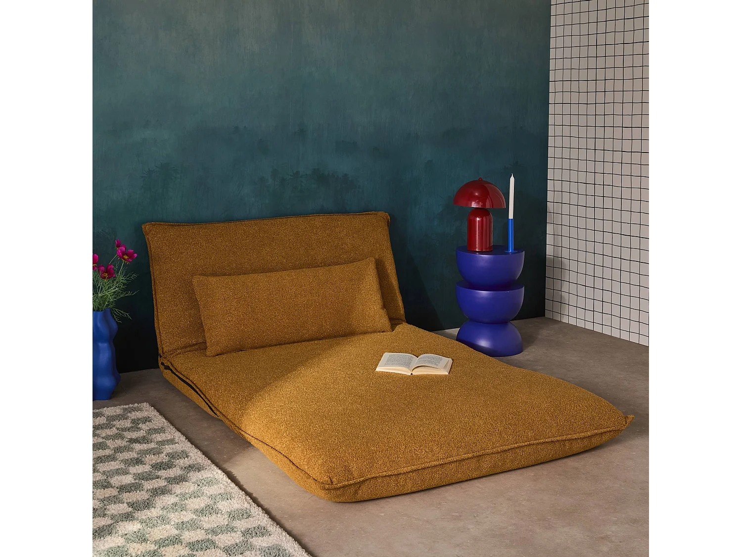 Chauffeuse convertible 2 places en bouclette texturée moutarde L 120 x P 80 x  H 66 cm - Fleeep