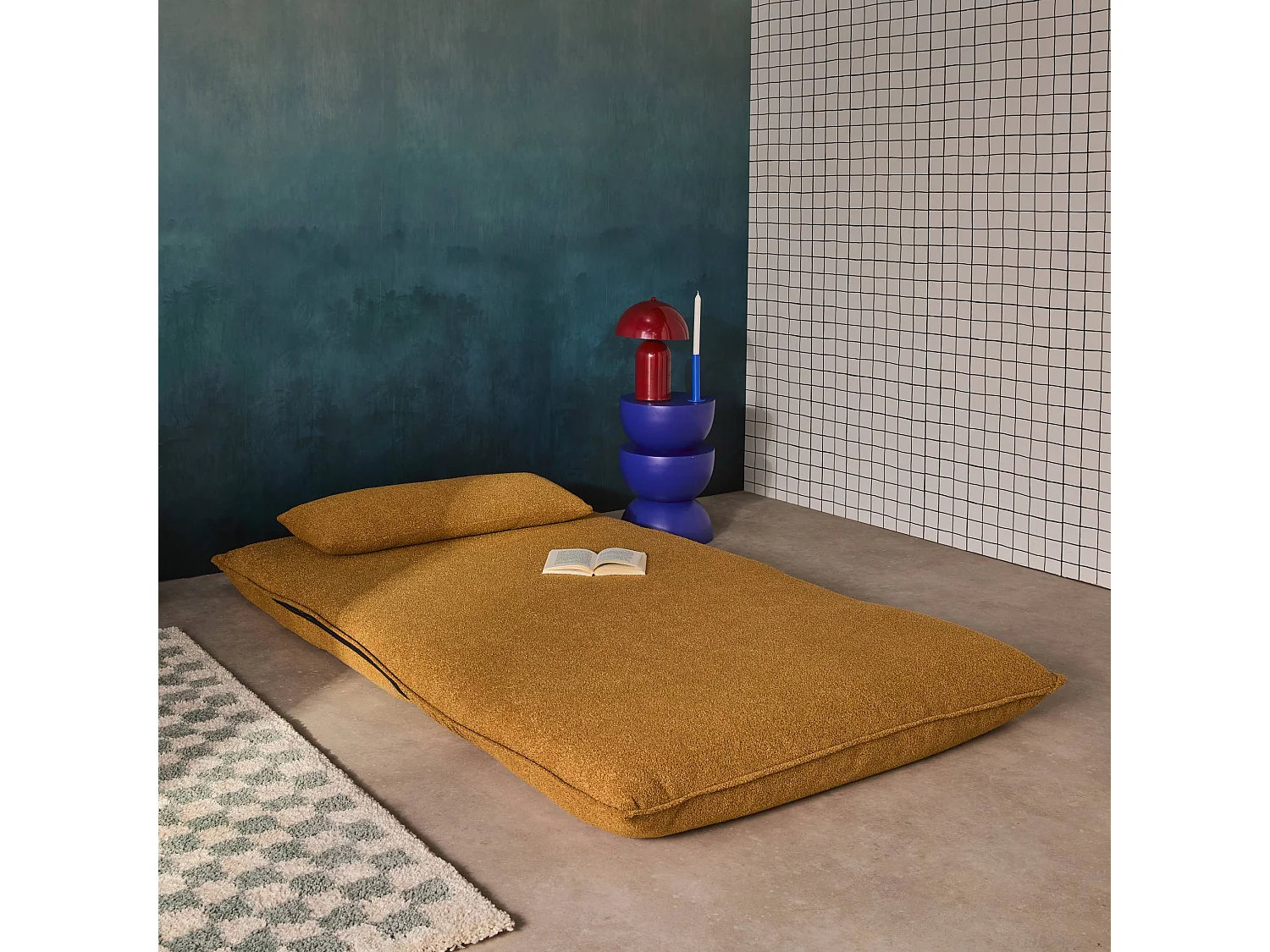 Chauffeuse convertible 2 places en bouclette texturée moutarde L 120 x P 80 x  H 66 cm - Fleeep