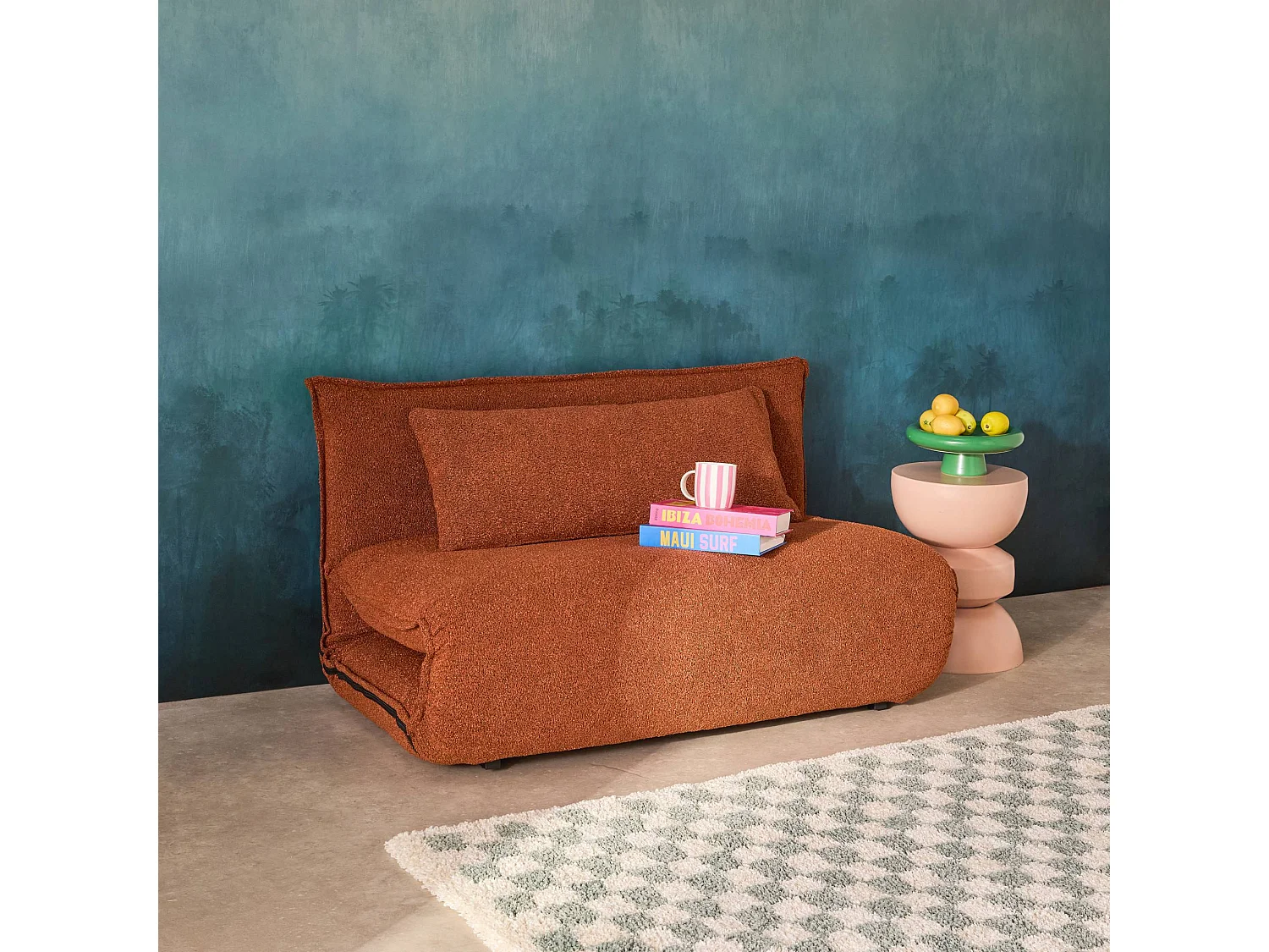 Chauffeuse convertible 2 places en bouclette texturée terracotta L 120 x P 80 x  H 66 cm - Fleeep