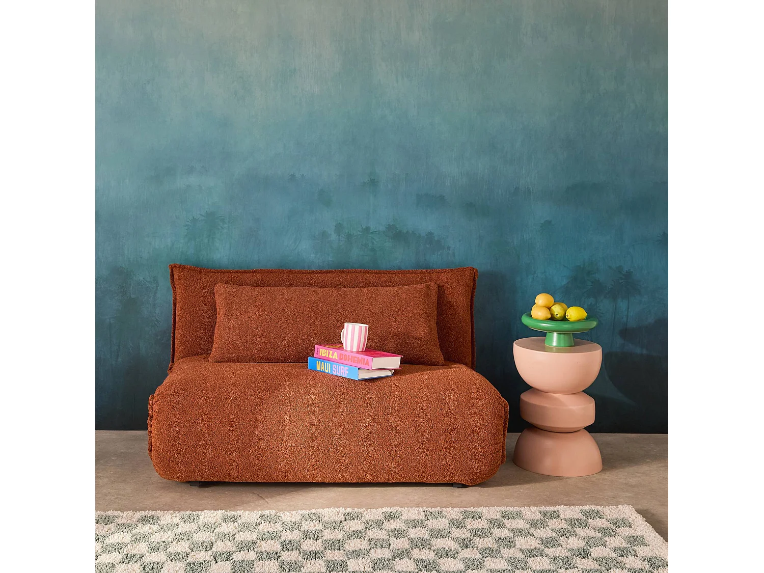 Chauffeuse convertible 2 places en bouclette texturée terracotta L 120 x P 80 x  H 66 cm - Fleeep