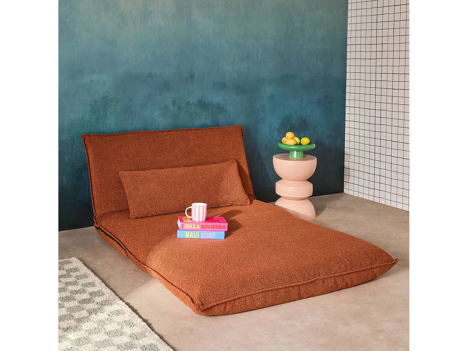 Chauffeuse convertible 2 places en bouclette texturée terracotta L 120 x P 80 x  H 66 cm - Fleeep