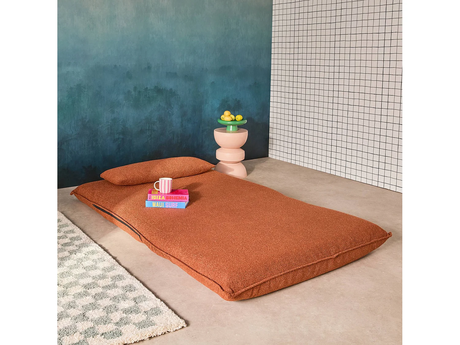 Chauffeuse convertible 2 places en bouclette texturée terracotta L 120 x P 80 x  H 66 cm - Fleeep