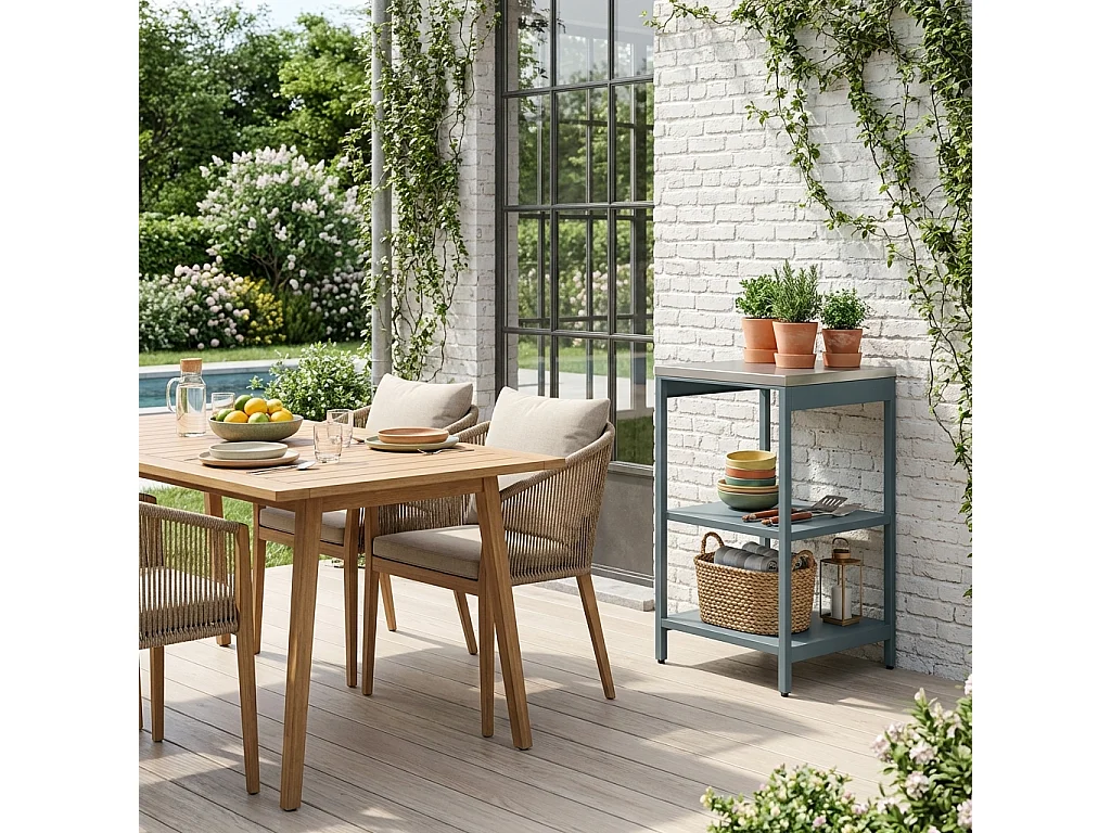 Módulo cocina exterior de acero con 2 estantes, 49cm azul gris