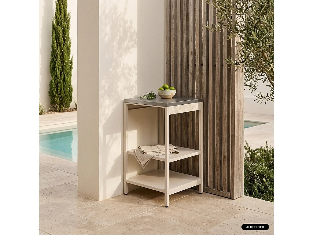 Cuisine d'extérieure en acier beige avec 2 étagères L49cm
