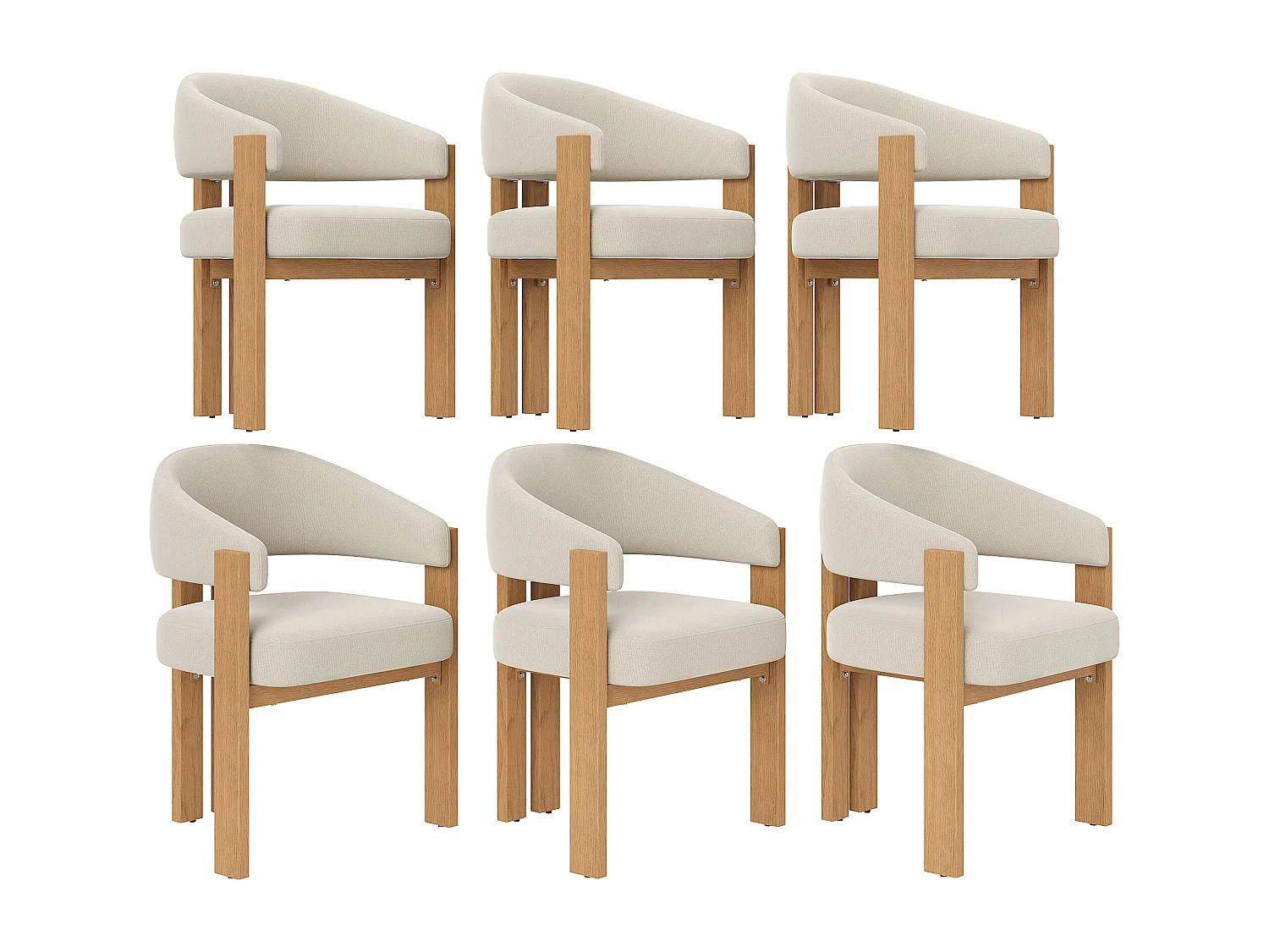 Set aus 6 gepolsterten Esstischstühlen - aus Flanellstoff - Eisenfüße in Holzoptik - beige + Natur