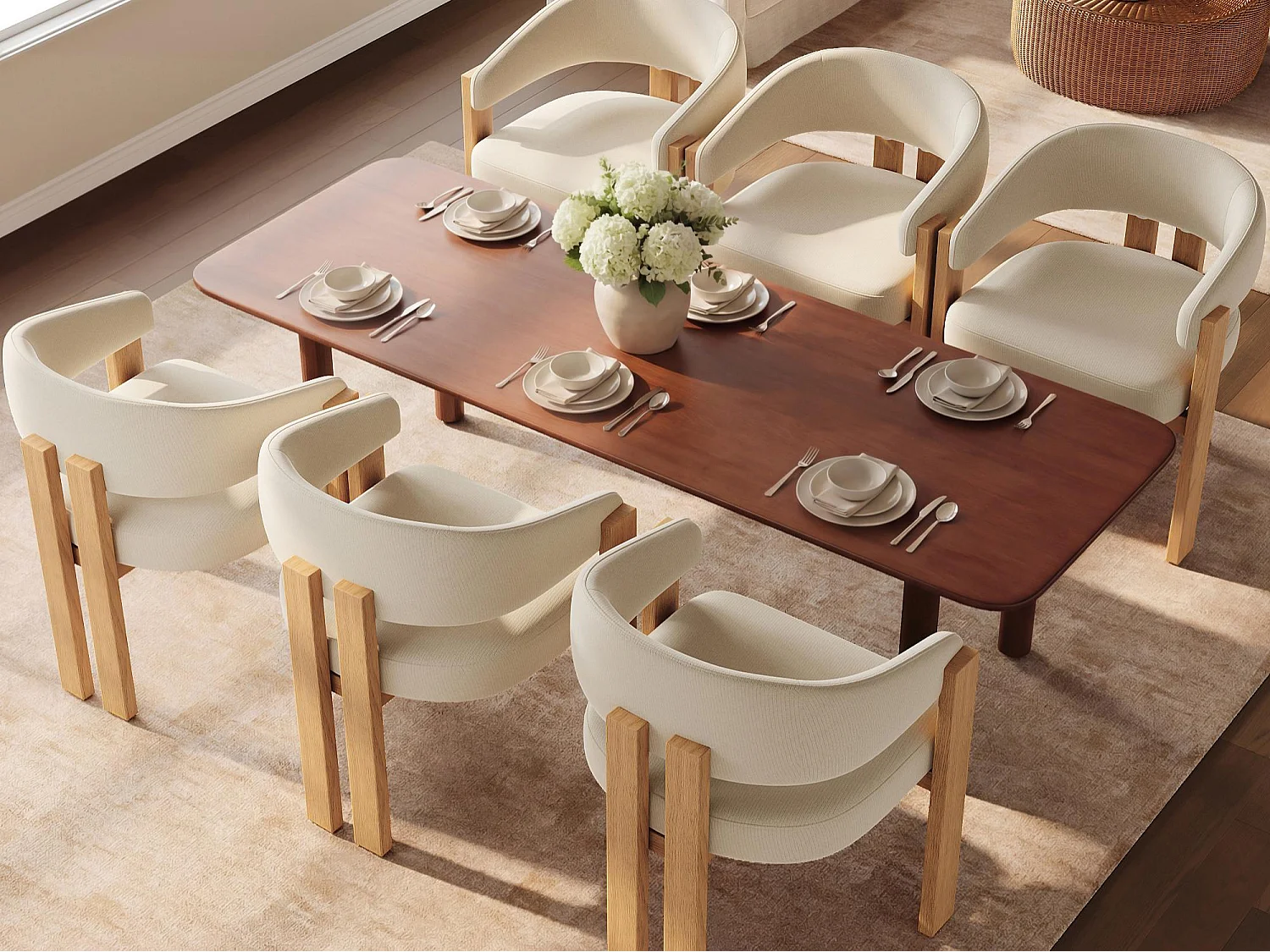 Set aus 6 gepolsterten Esstischstühlen - aus Flanellstoff - Eisenfüße in Holzoptik - beige + Natur