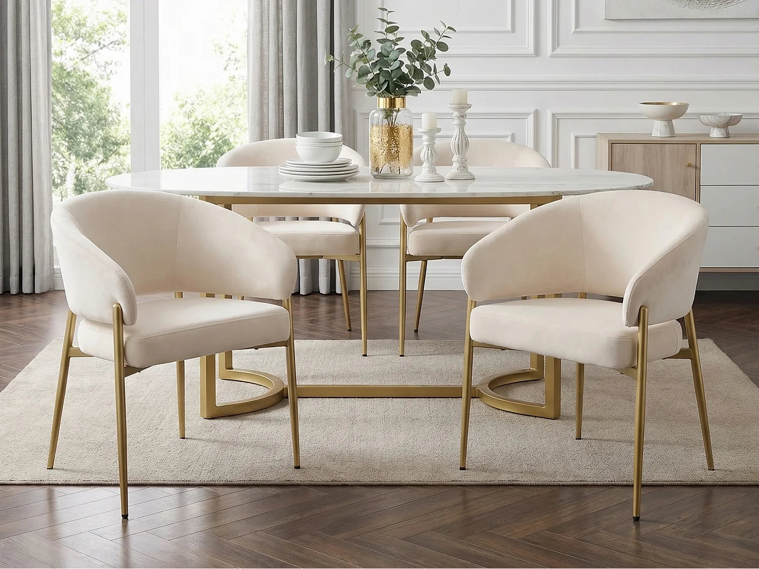 Lot de 4 chaises - Style moderne - Coussins d'assise rembourrés - Pieds en métal - Tissu velours - Beige