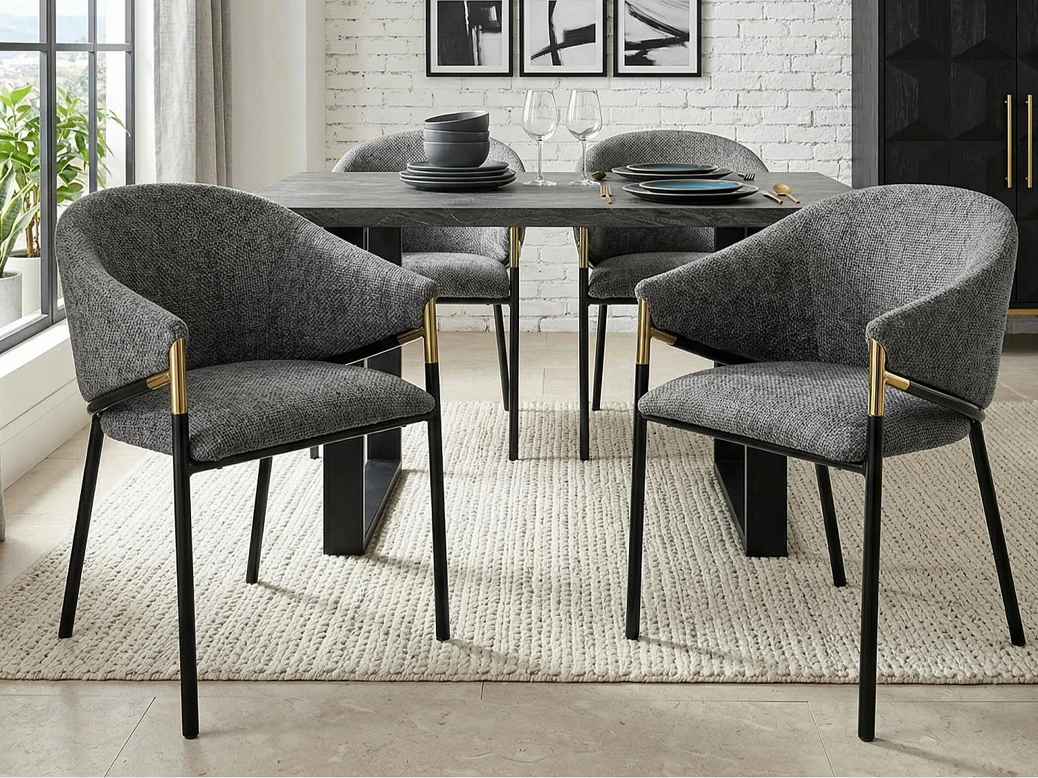 Set aus 4 Stühlen - Moderner Stil - Samtstoff - Armlehnen aus goldenem Edelstahl - Dicke Rückenlehne - Grau