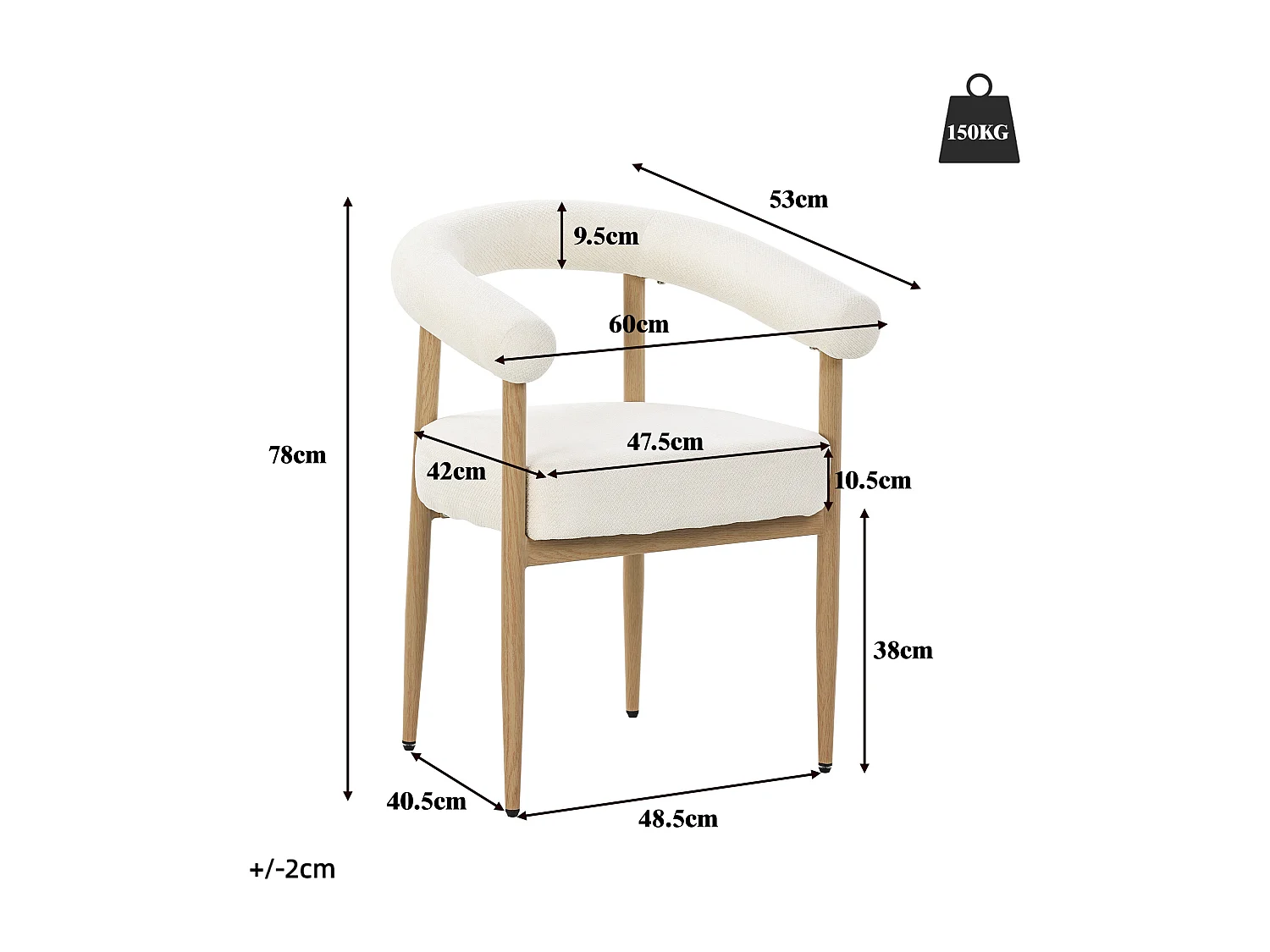 Lot de 4 chaises de salle à manger - 48.5 x 40.5 x 78 cm - avec revêtement - structure métallique - blanc